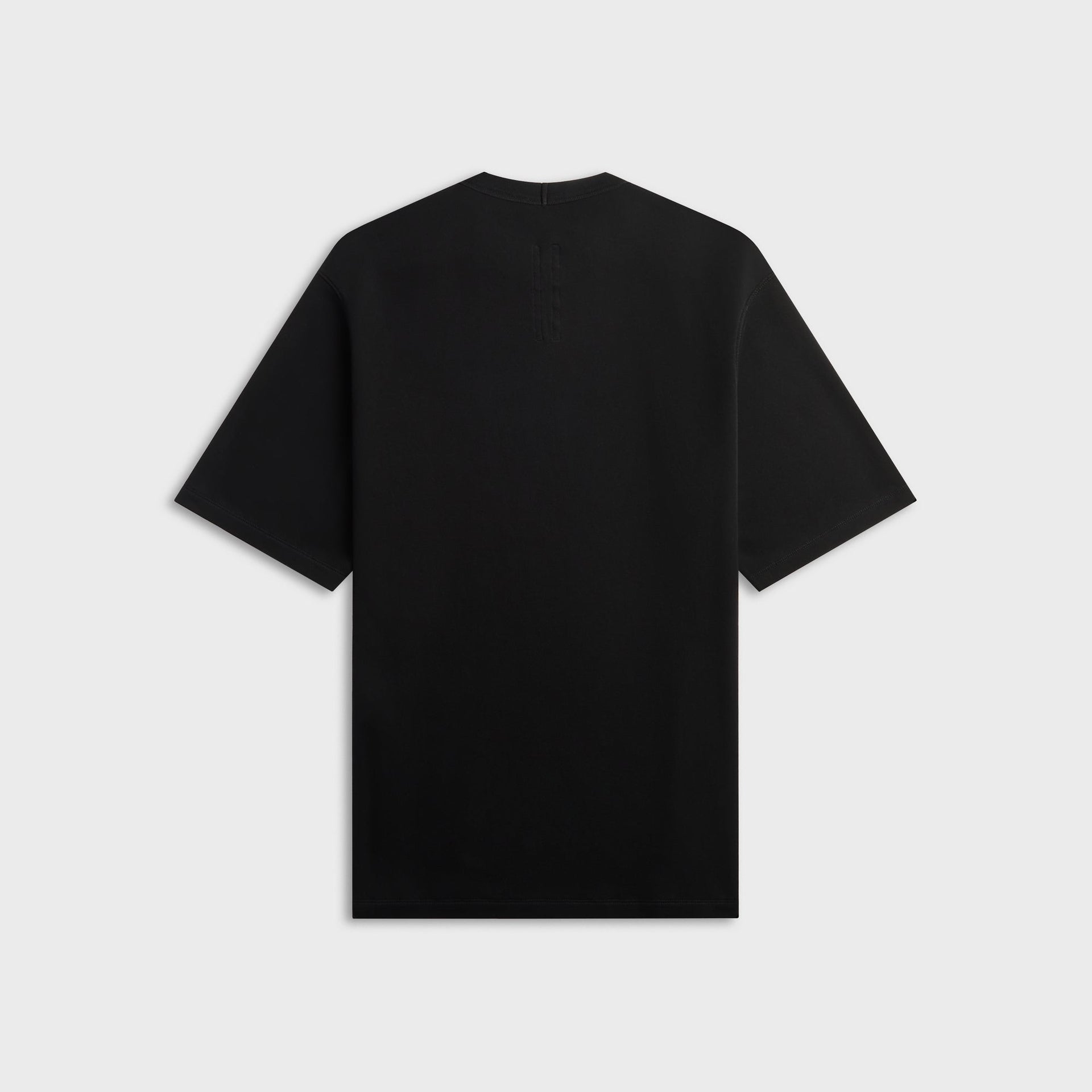 Rick Owens Brad black cotton jersey tee, back view showing center back seam detail, flat lay