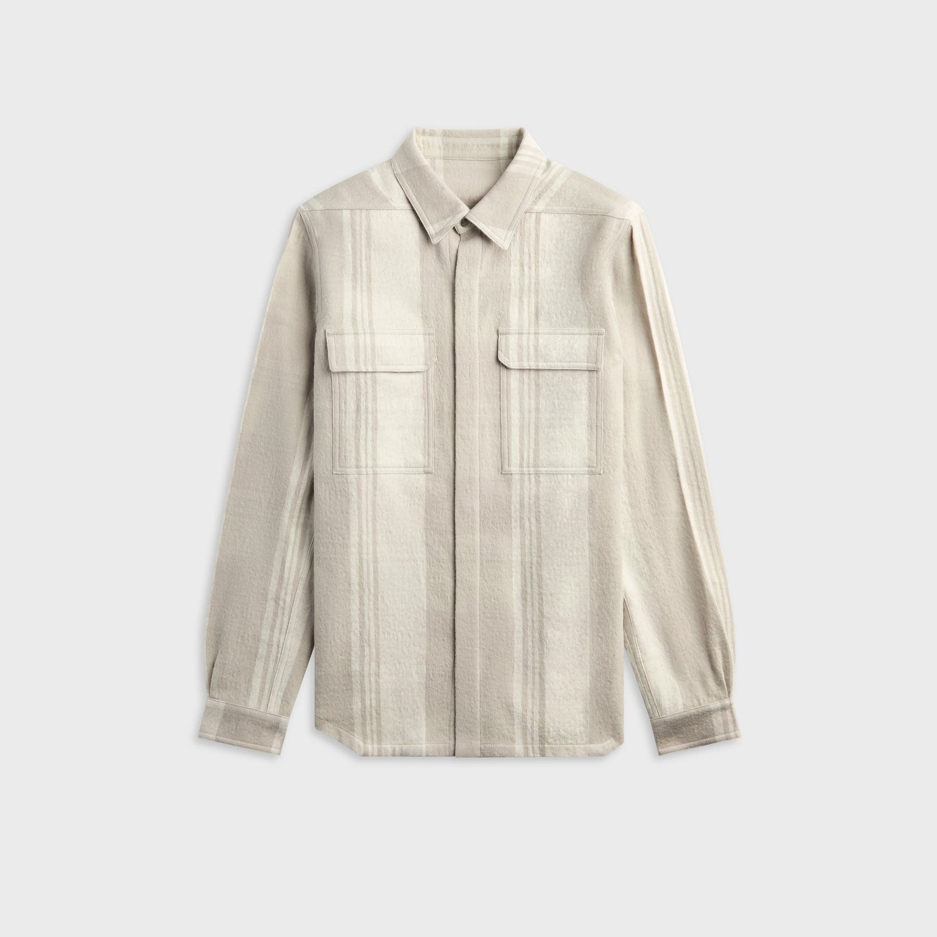 Rick Owens Camicia overshirt in gray plaid flannel, front view with chest flap pockets and point collar