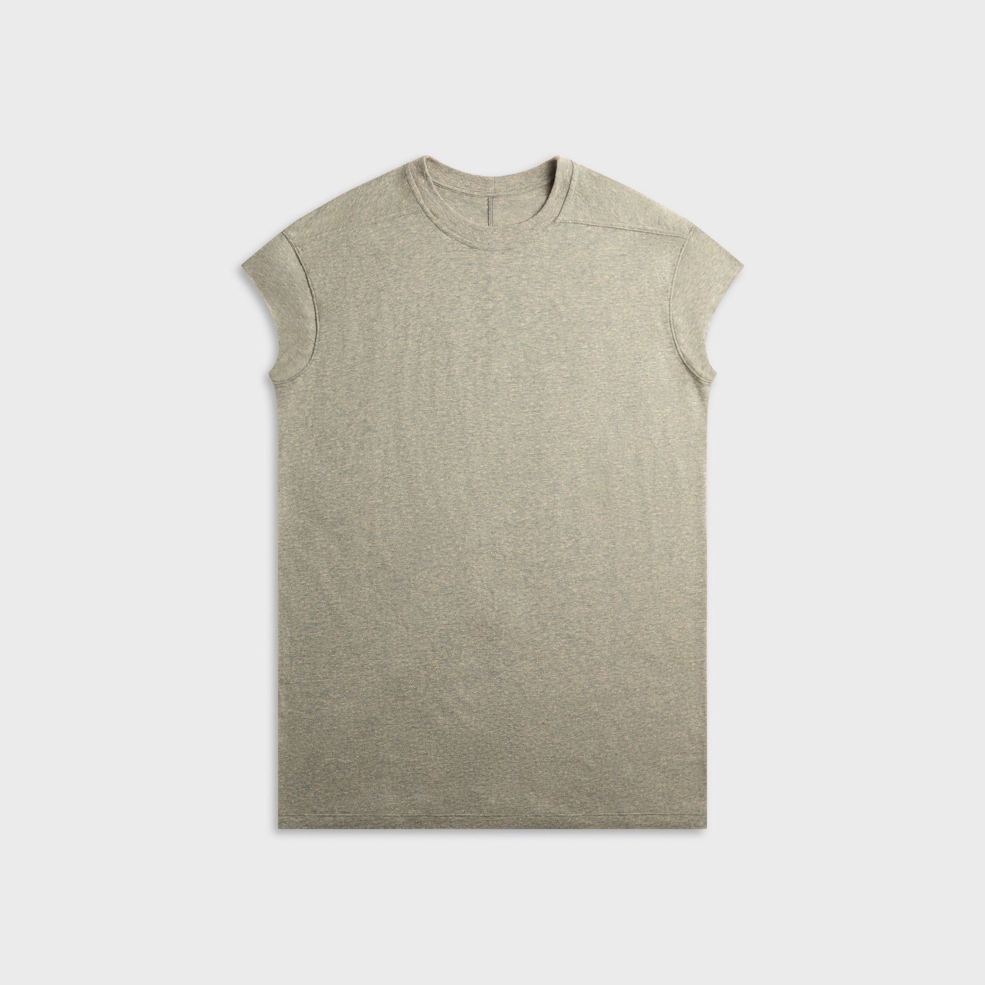 Rick Owens Gray Jumbo short sleeve tee in grey melange, oversized boxy fit, front view, flat lay