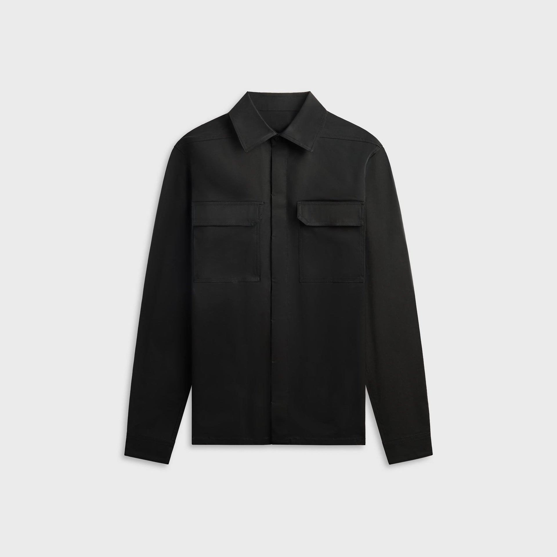 Rick Owens Tower Work Shirt in black, front view with pointed collar, button placket and two flap chest pockets