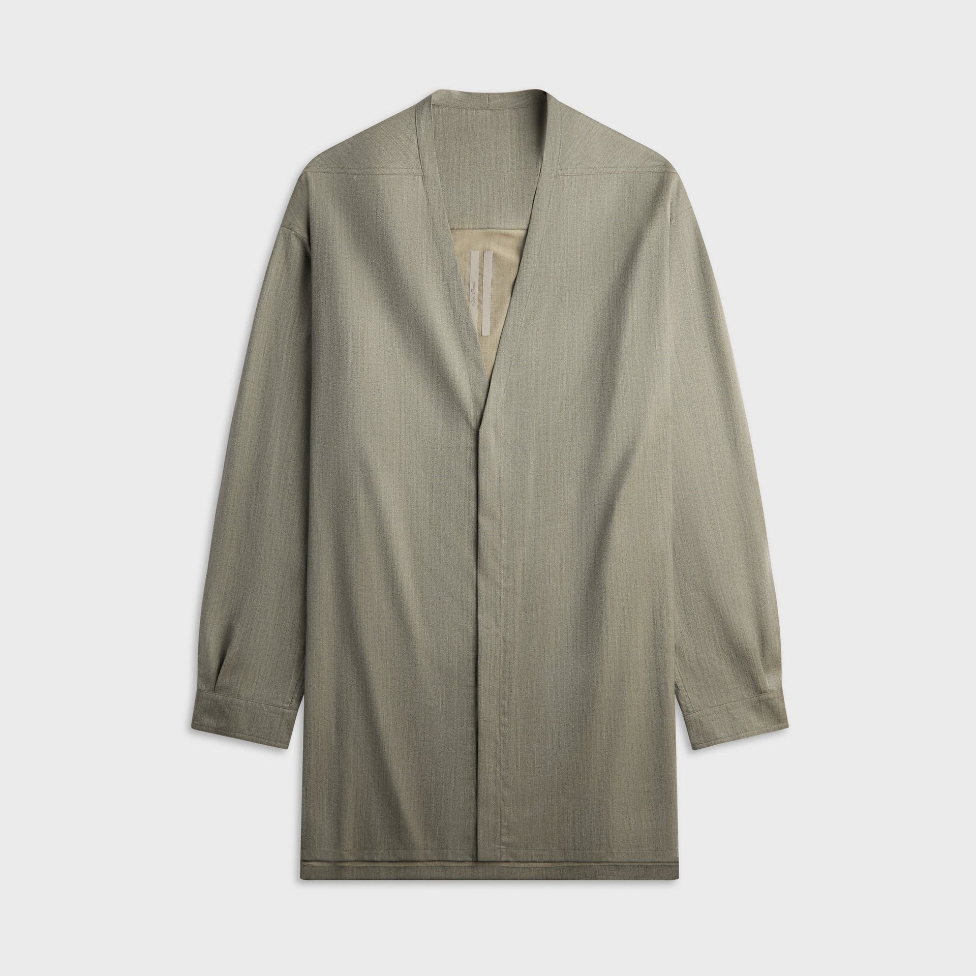 Rick Owens Camicia Concordian shirt in grey melange wool, collarless open-front cardigan-style jacket, front view