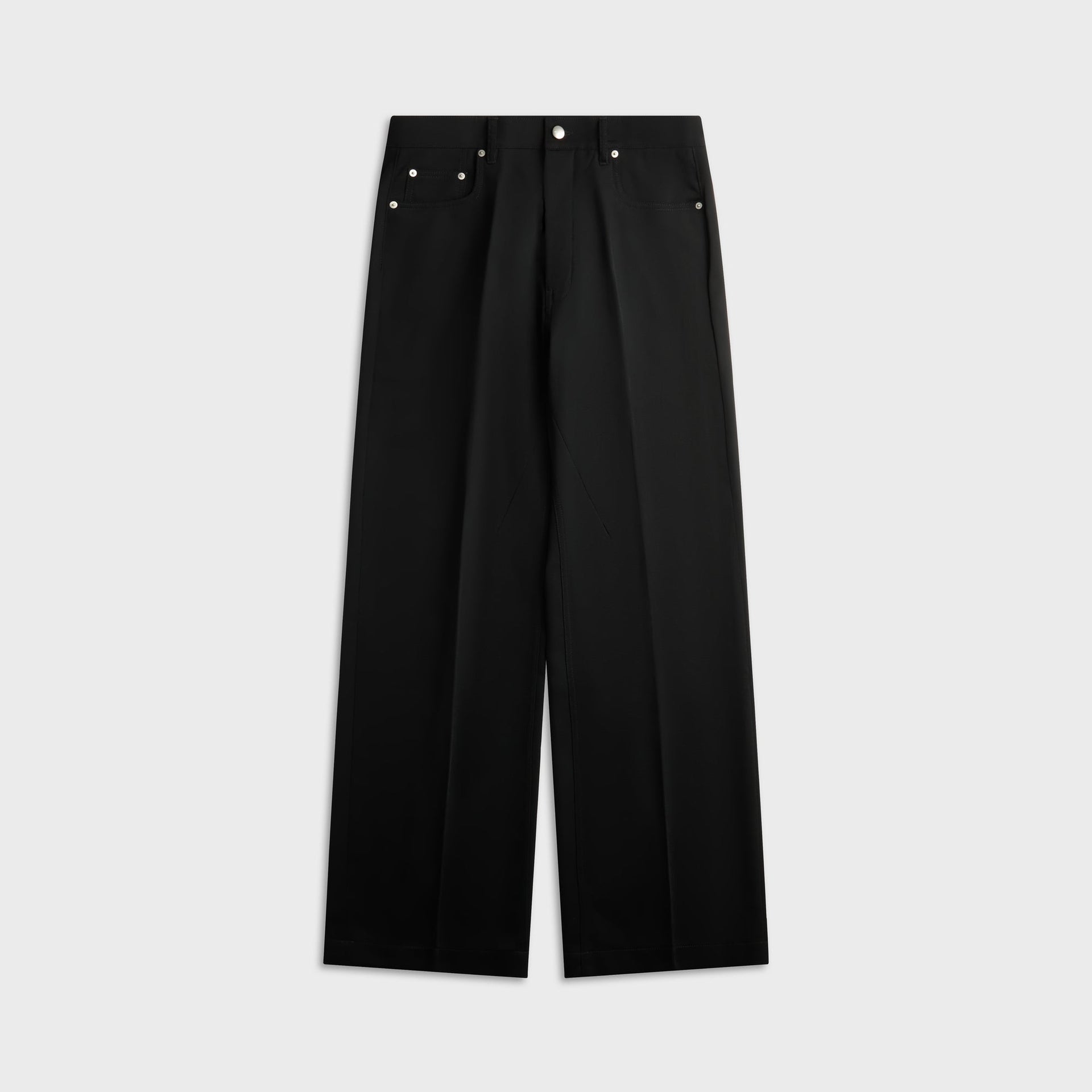 Rick Owens Geth jean in black, wide-leg silhouette with silver rivet hardware, front view, flat lay