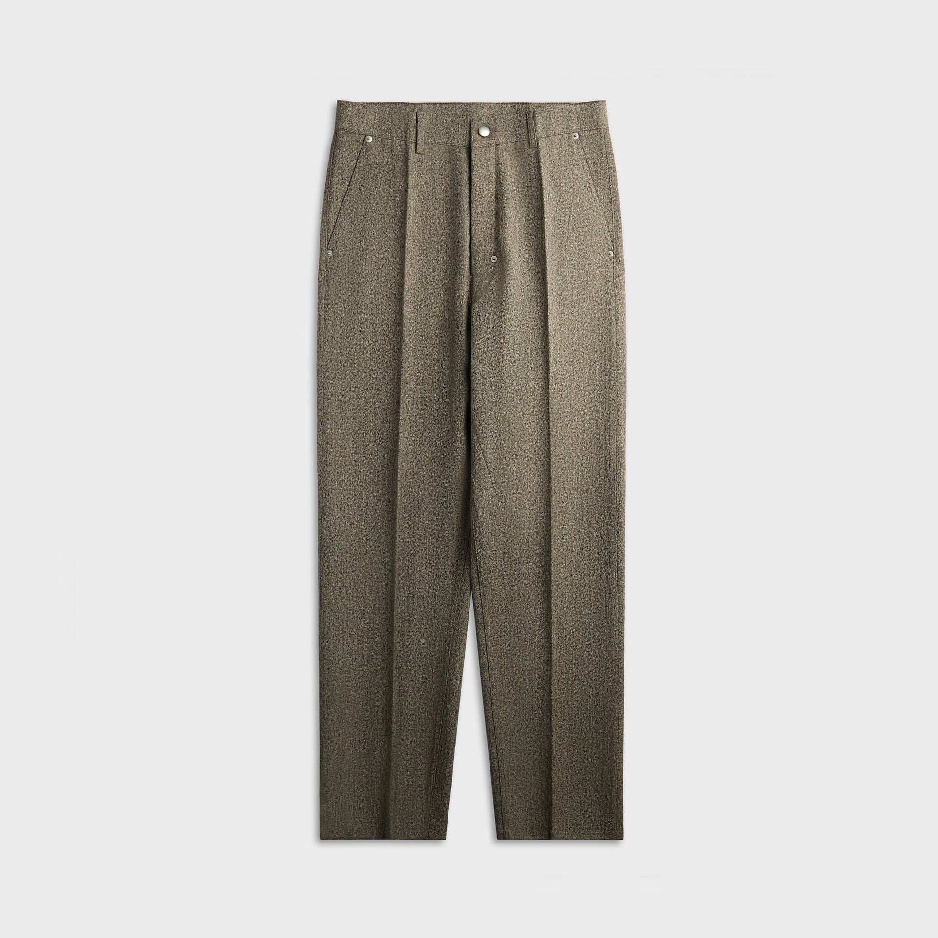 Rick Owens Joris pant in black melange wool, tapered trouser with pleated front, flat lay