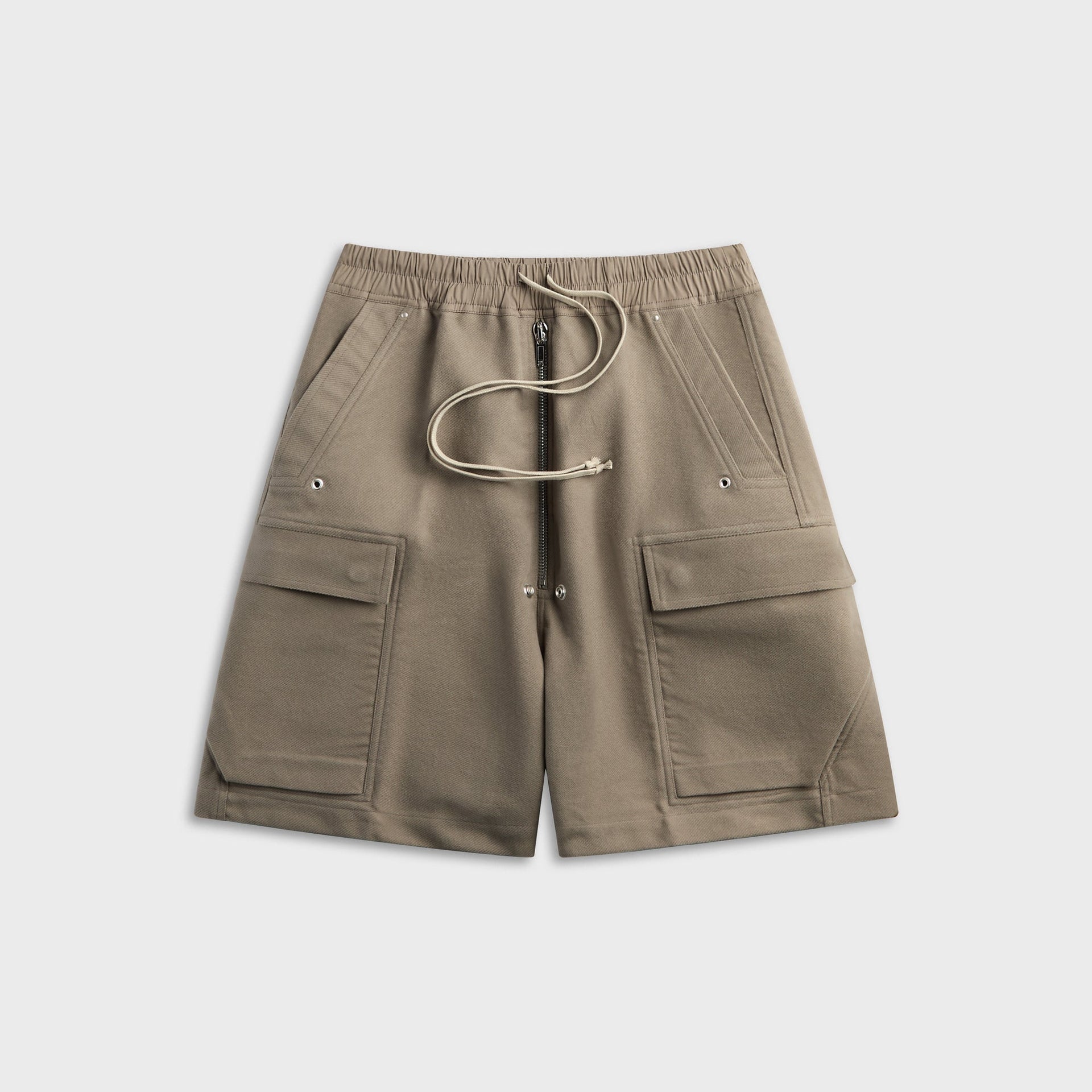 Rick Owens Cargobela shorts in dust taupe twill, front view with drawstring waist, zip fly, and cargo pockets