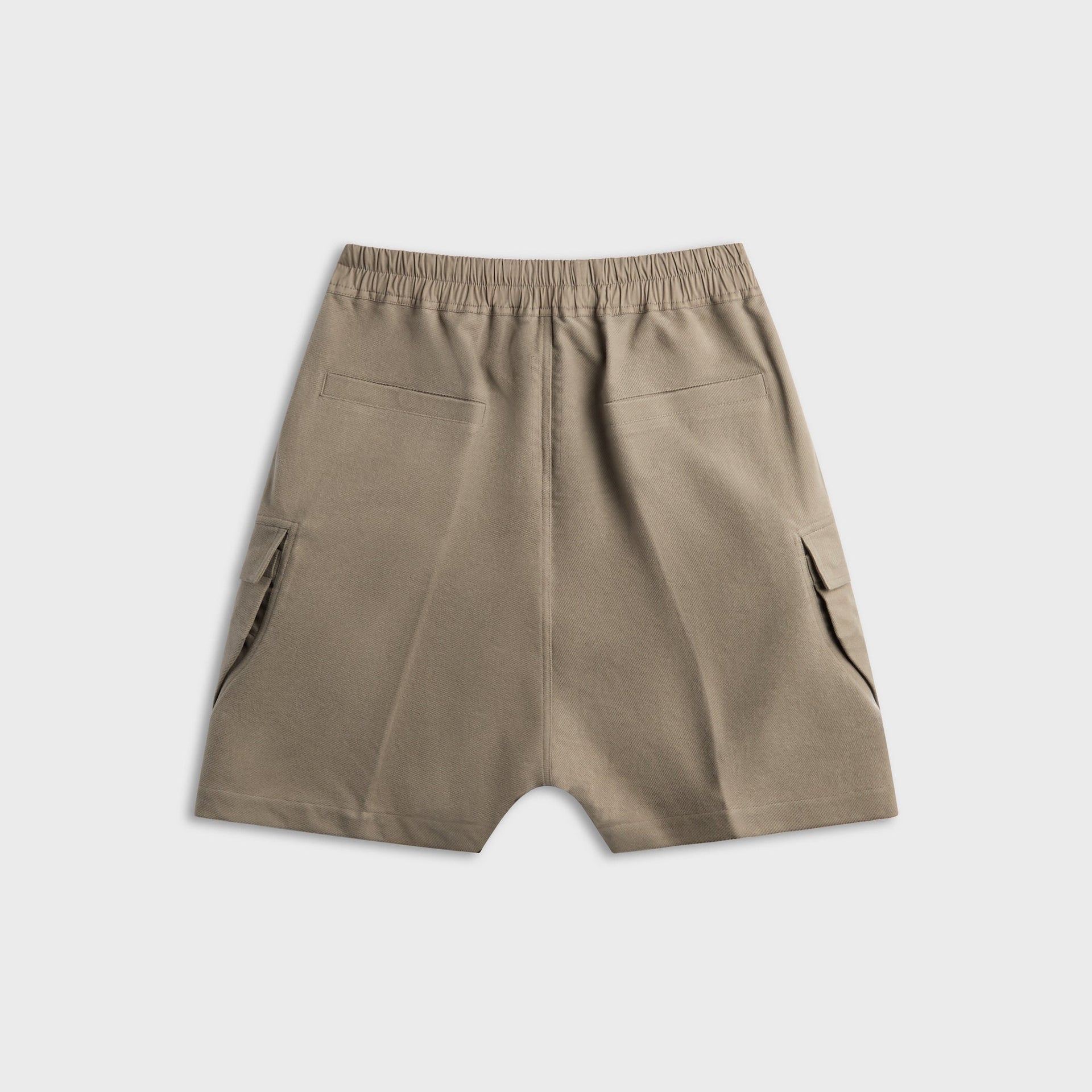 Rick Owens Cargobela dust taupe cargo shorts, back view with welt pockets