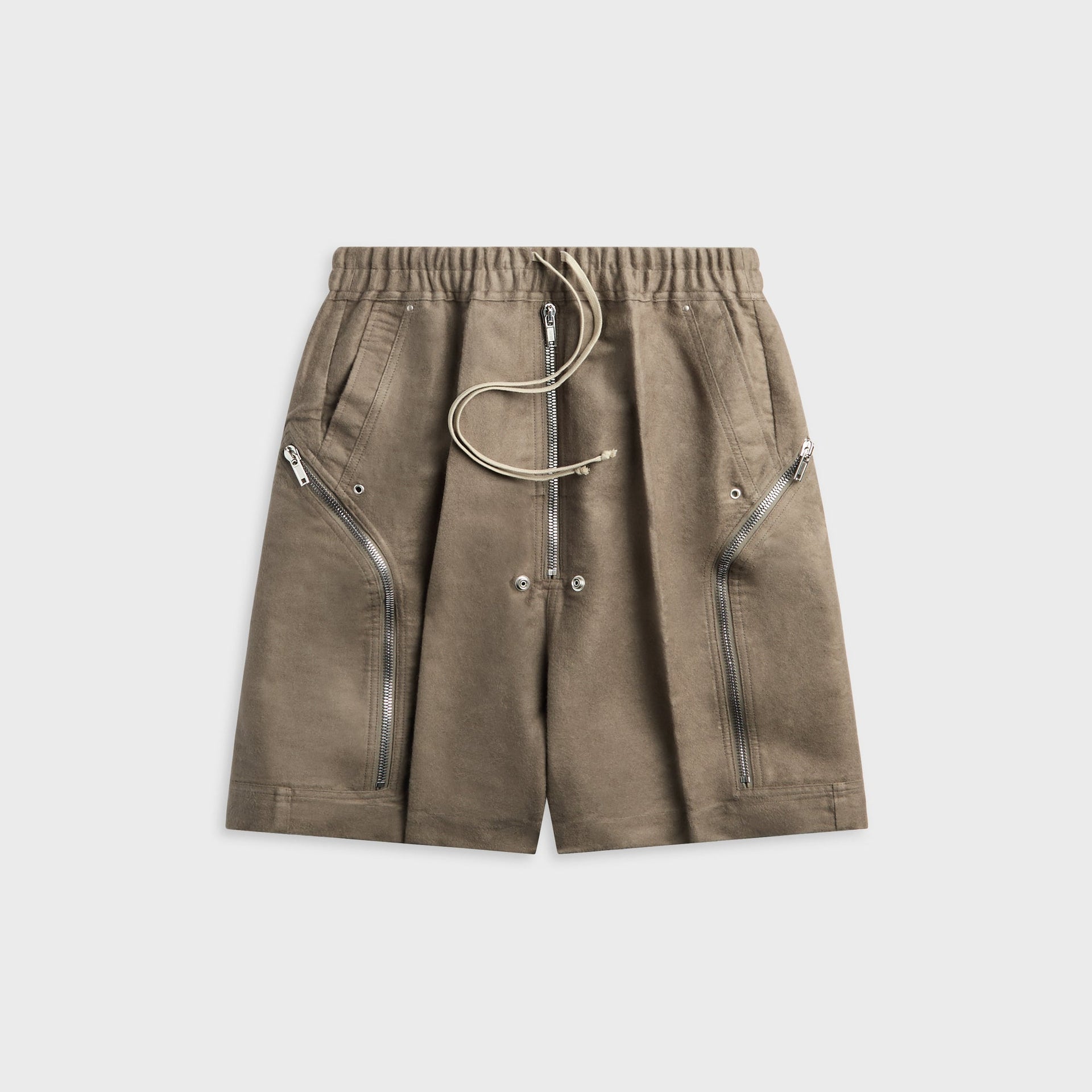 Rick Owens Work short in dust taupe, wide-leg with drawstring waist and angled zip pockets, front view