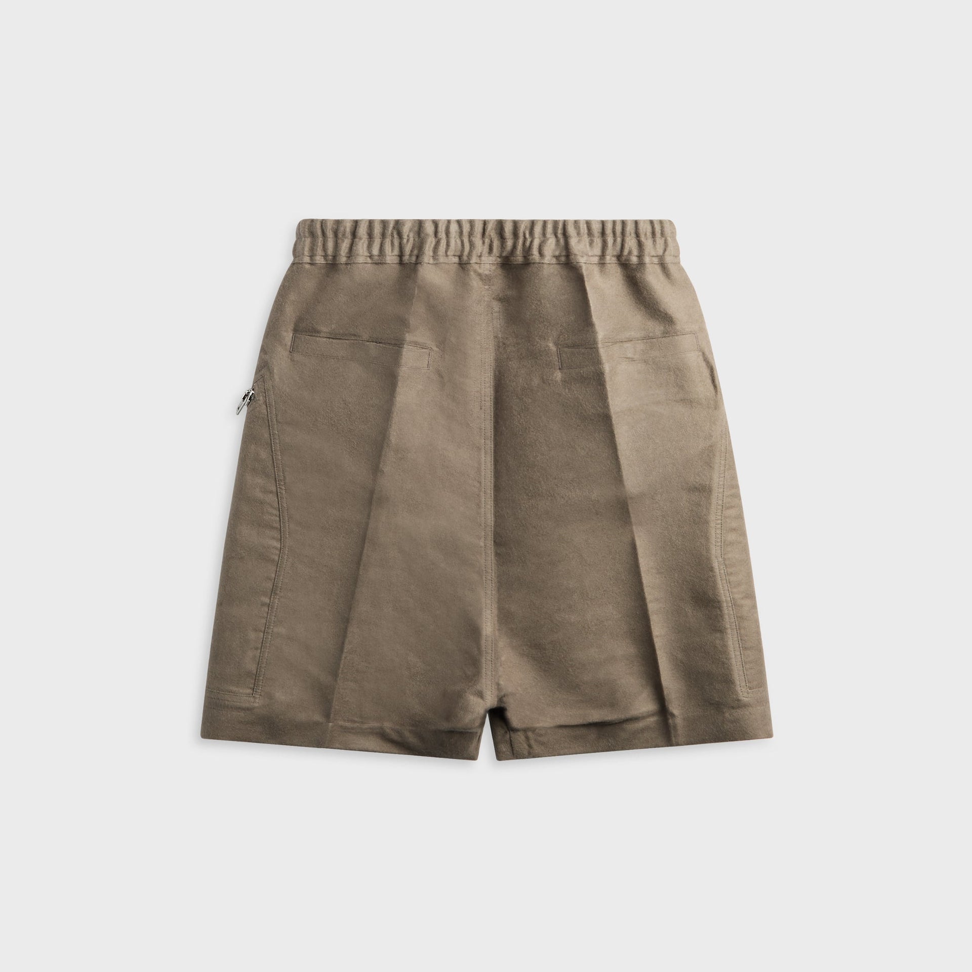 Rick Owens Work dust taupe short, back view with welt pockets and side zip detail