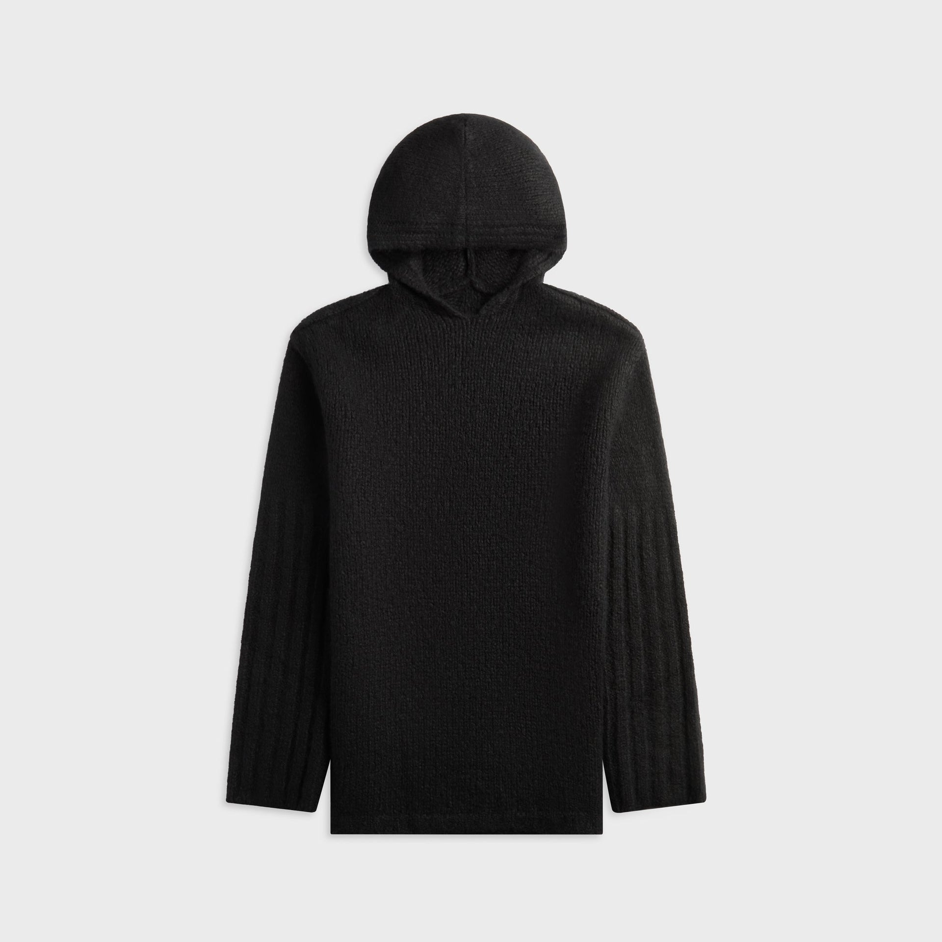 Rick Owens hooded cashmere and silk sweater in black, ribbed knit with drawstring hood, front view, flat lay
