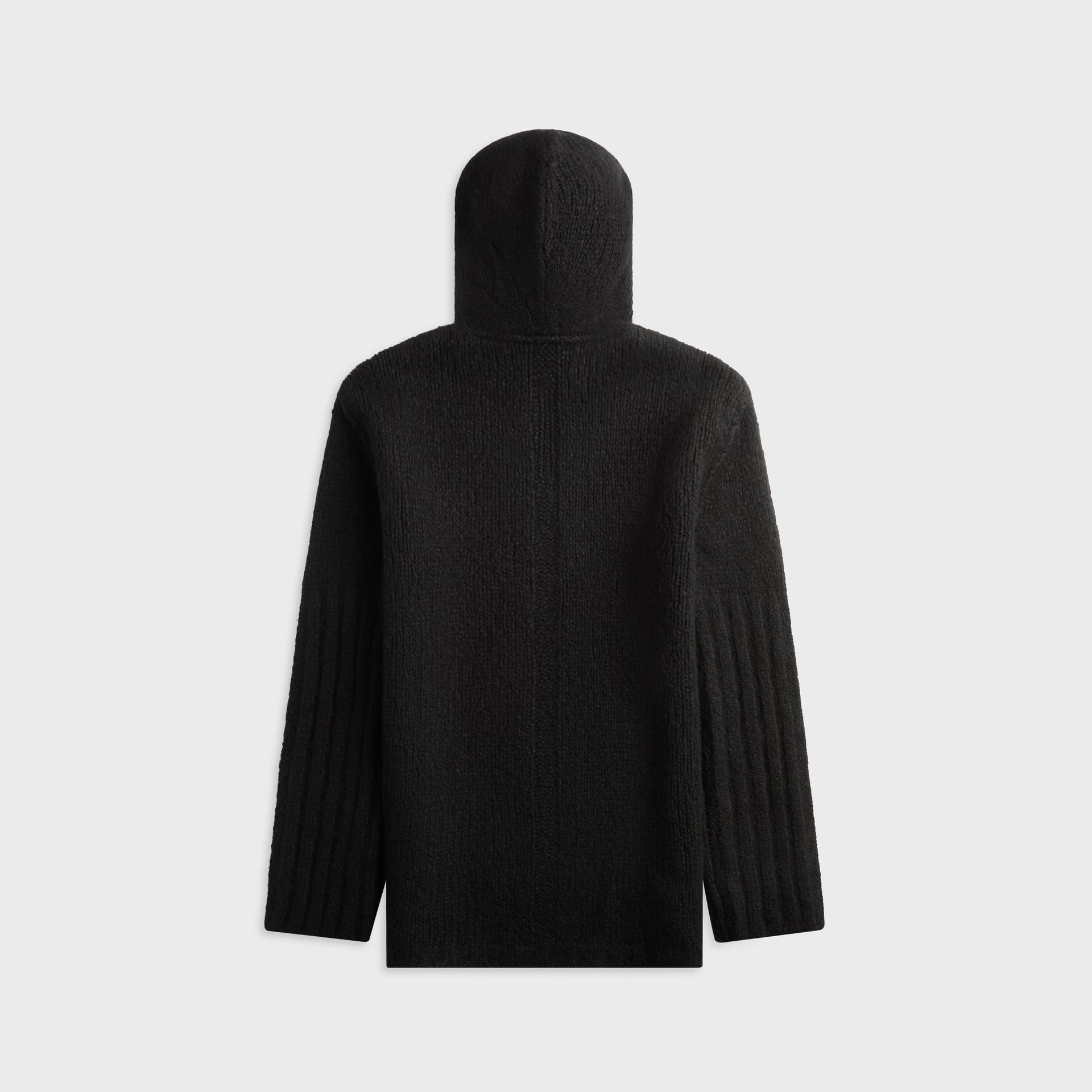Rick Owens black hooded cashmere silk sweater, back view showing hood, flat lay