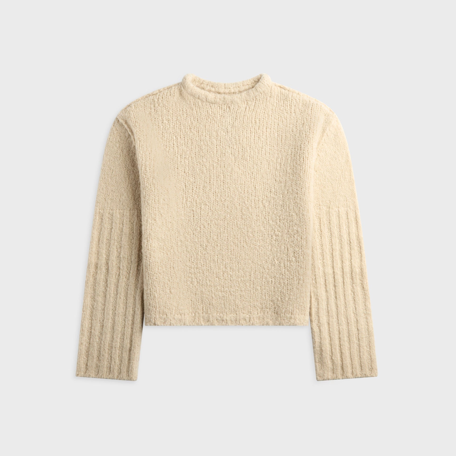 Rick Owens Maglia round neck sweater in natural ecru wool, ribbed cuffs and hem, front view, flat lay