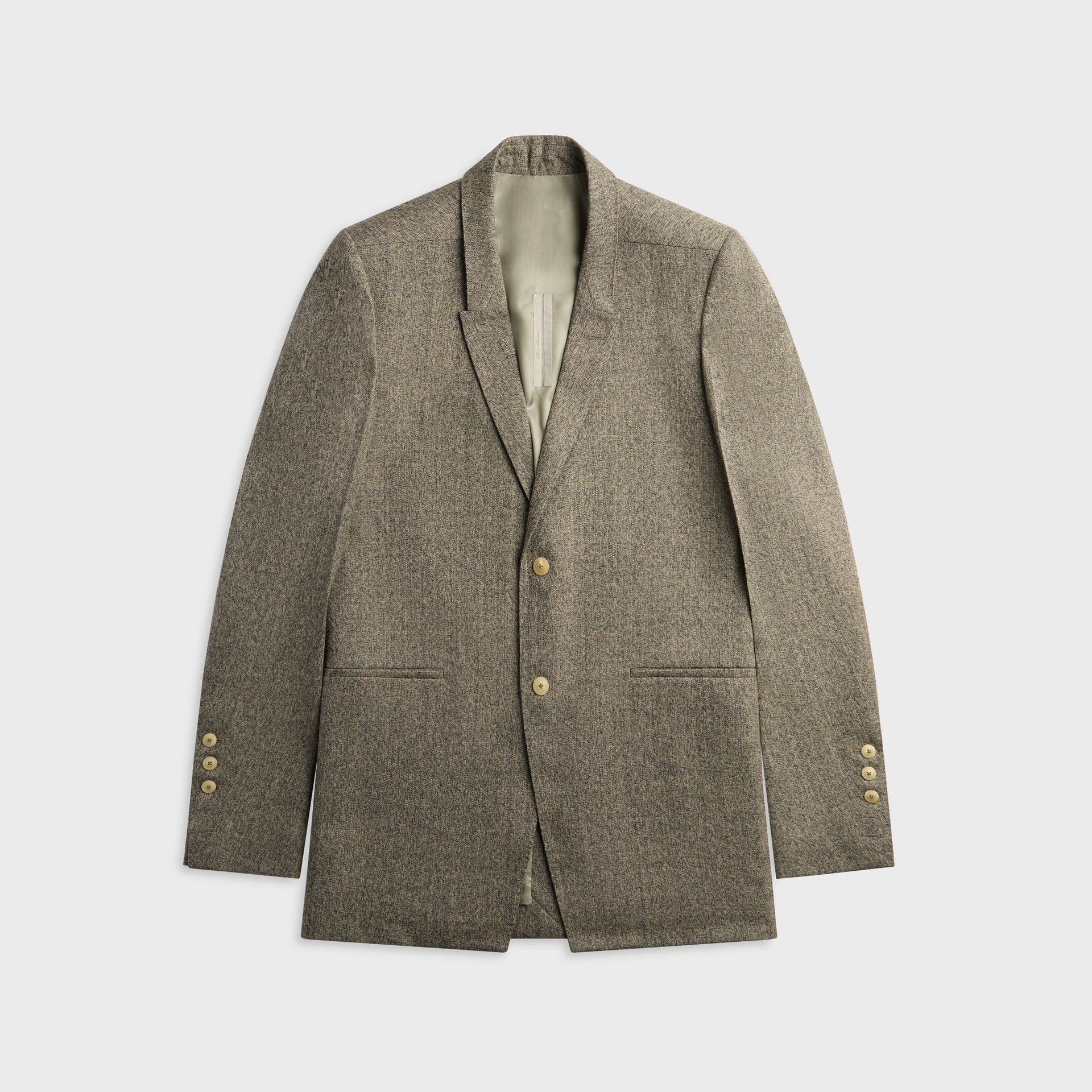 Rick Owens Giacca Concordian blazer in black melange wool, front view with peak lapel and gold-tone buttons