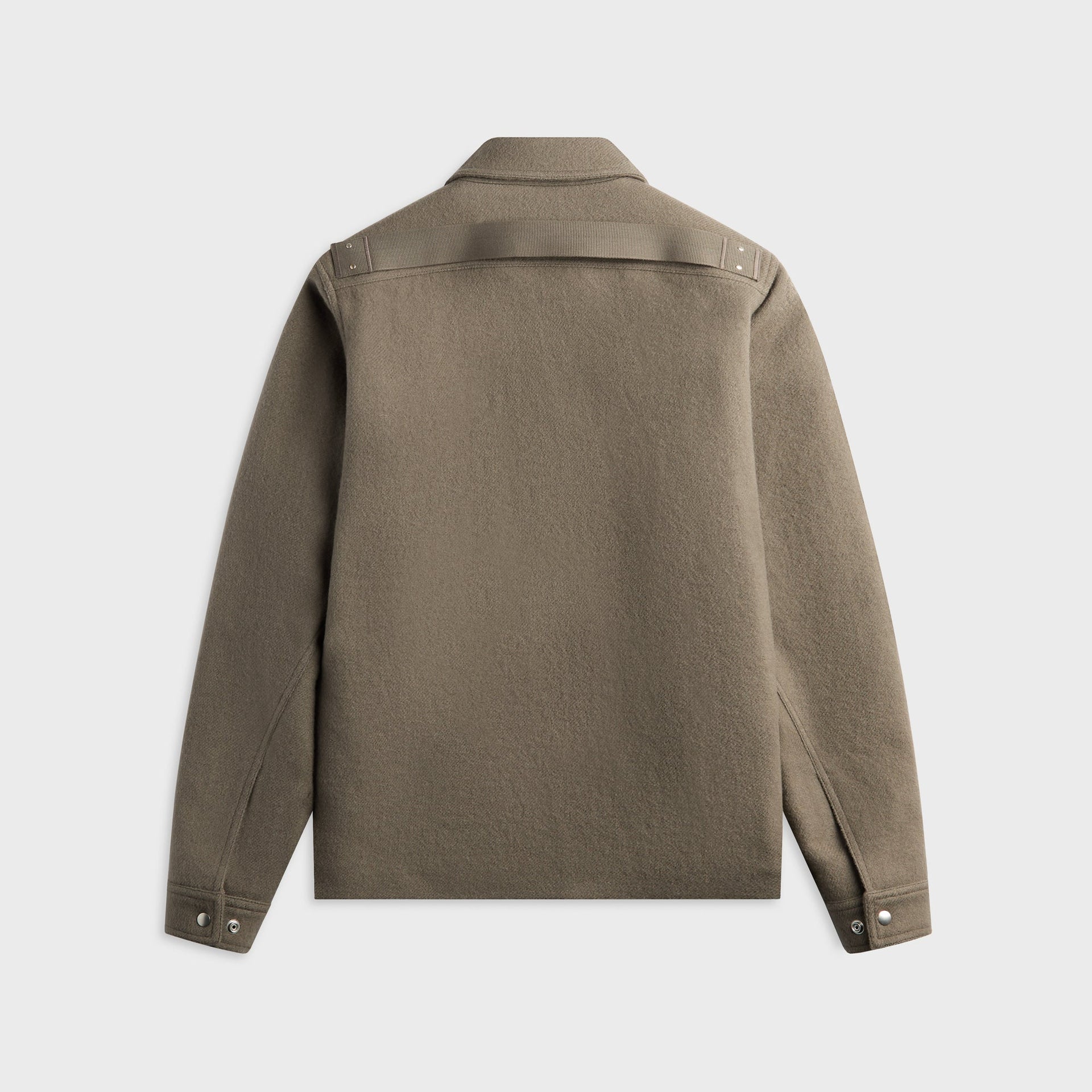 Rick Owens Brad taupe jacket, back view showing strapped yoke detail across shoulders
