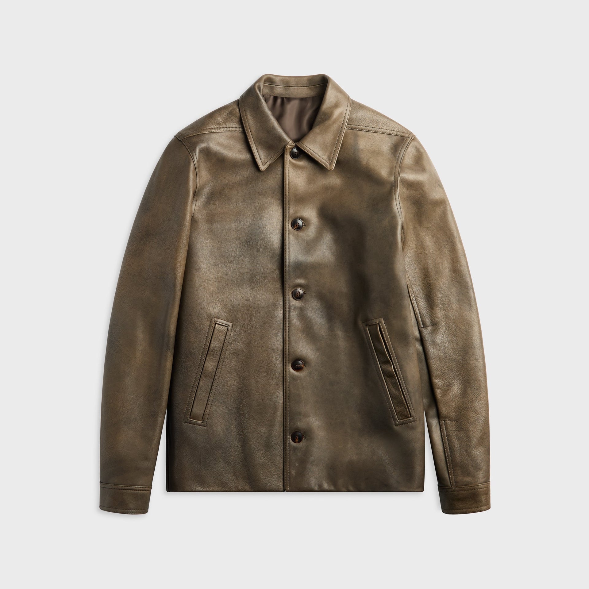 Rick Owens Buttoned Brad leather jacket in washed black, front view with button-front closure and slanted pockets