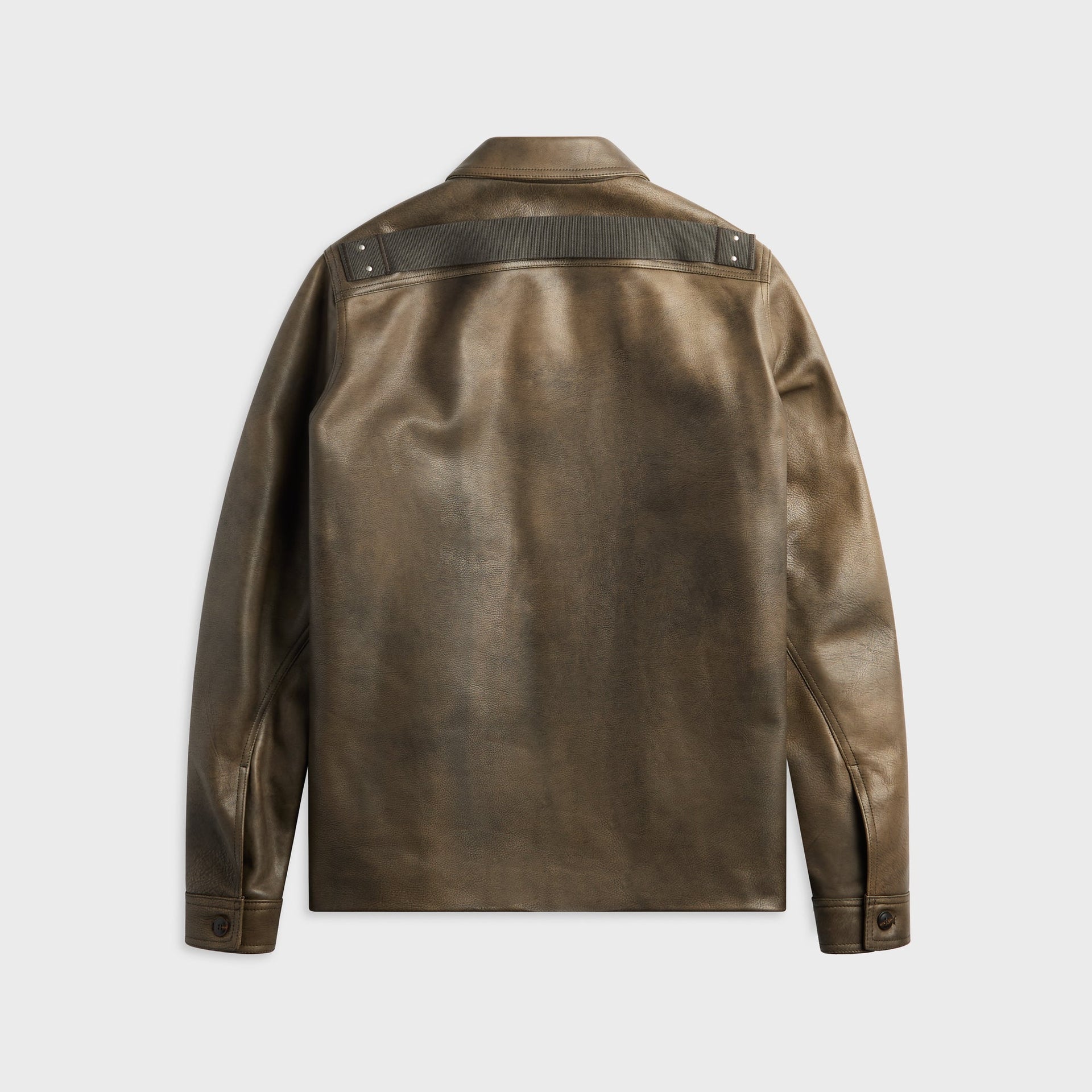 Rick Owens Buttoned Brad washed black leather jacket, back view showing strapped yoke and snap cuffs