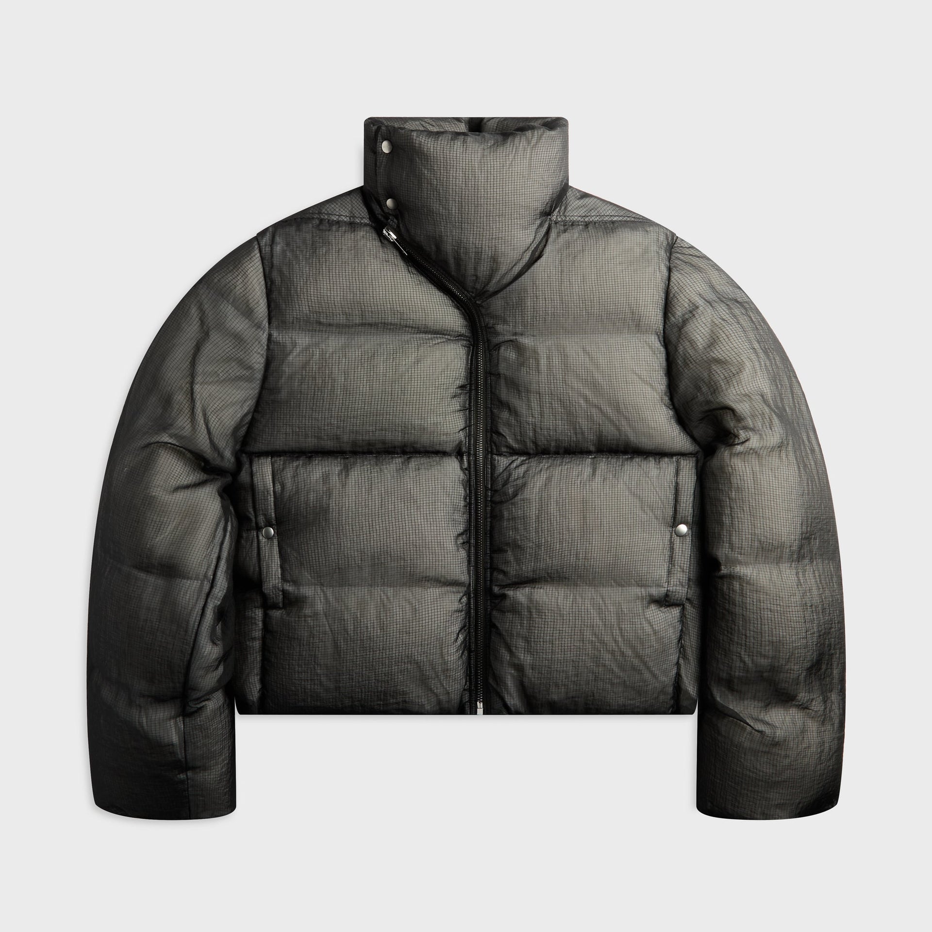 Rick Owens Ripstop Turtle jacket in black, cropped puffer with high funnel collar and snap chest pockets, front view