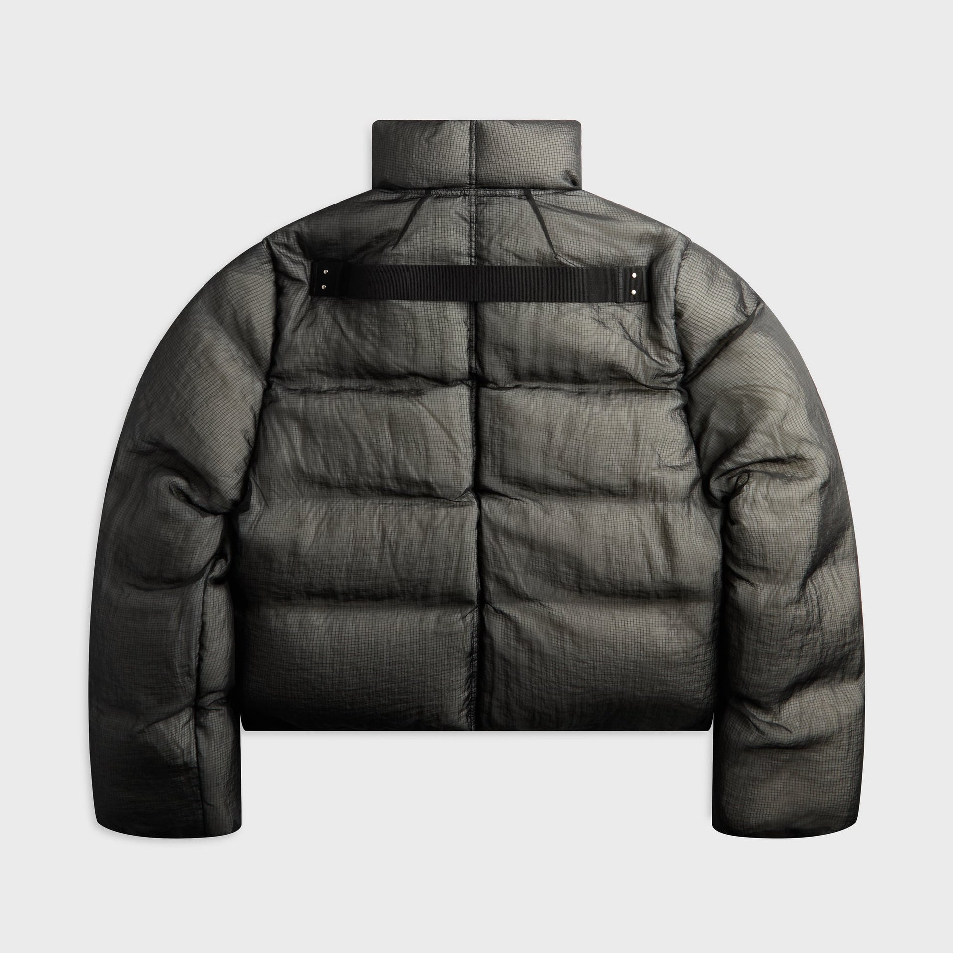Rick Owens Ripstop Turtle black puffer jacket, back view showing strapped yoke detail