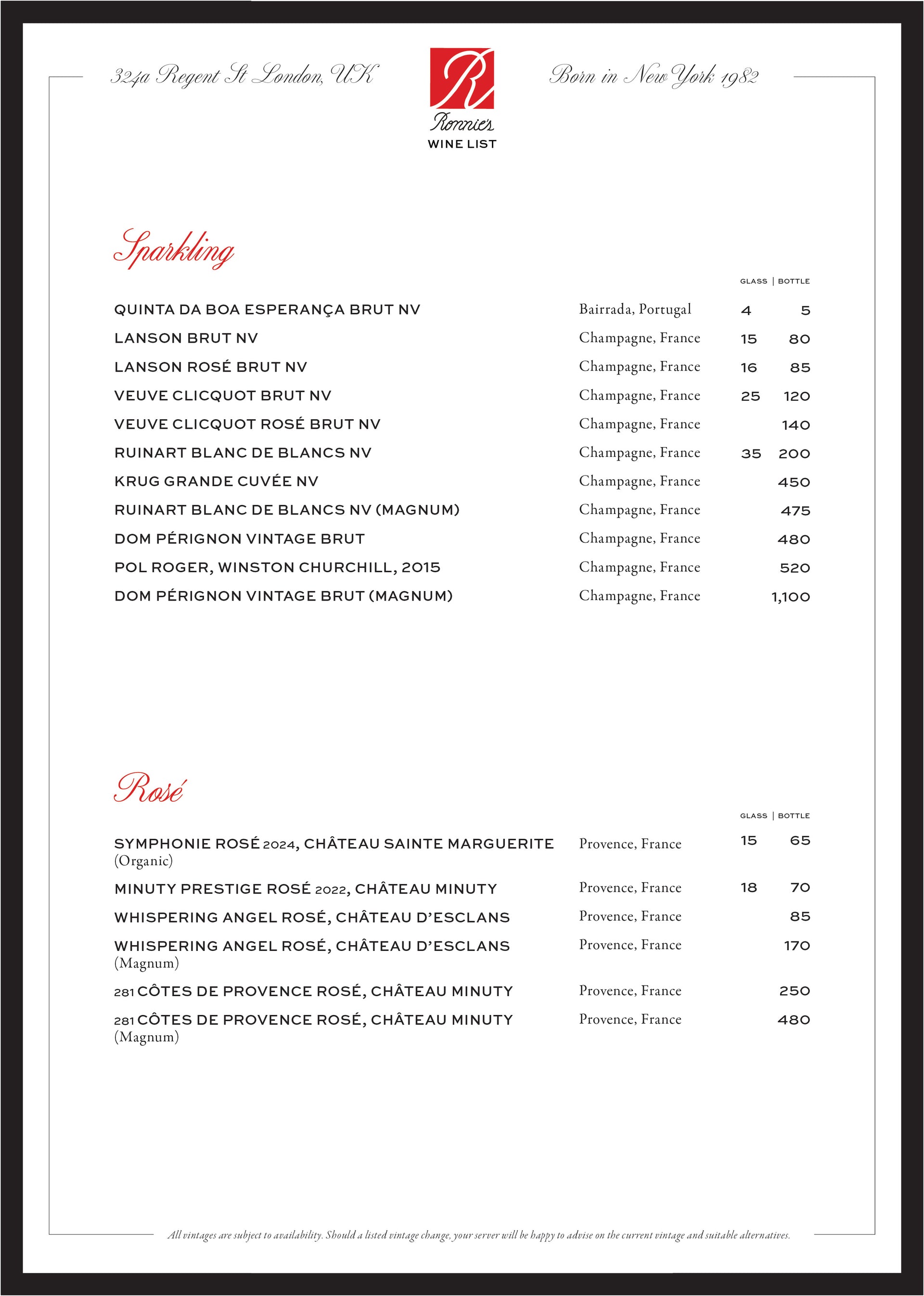 Ronnie's London wine list showing sparkling and rose selections with glass and bottle prices