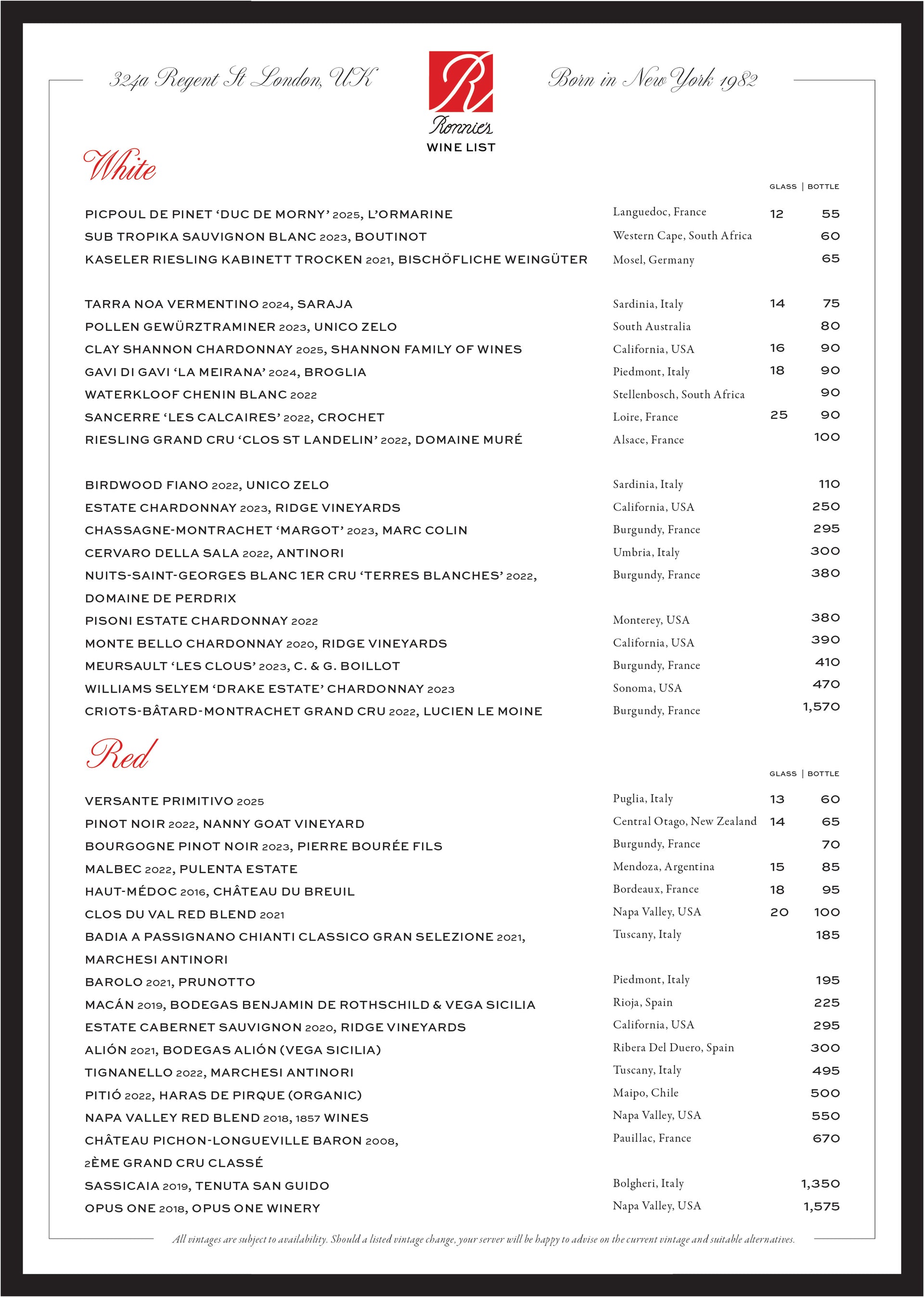 Ronnie's London wine list showing white and red wine selections with glass and bottle prices