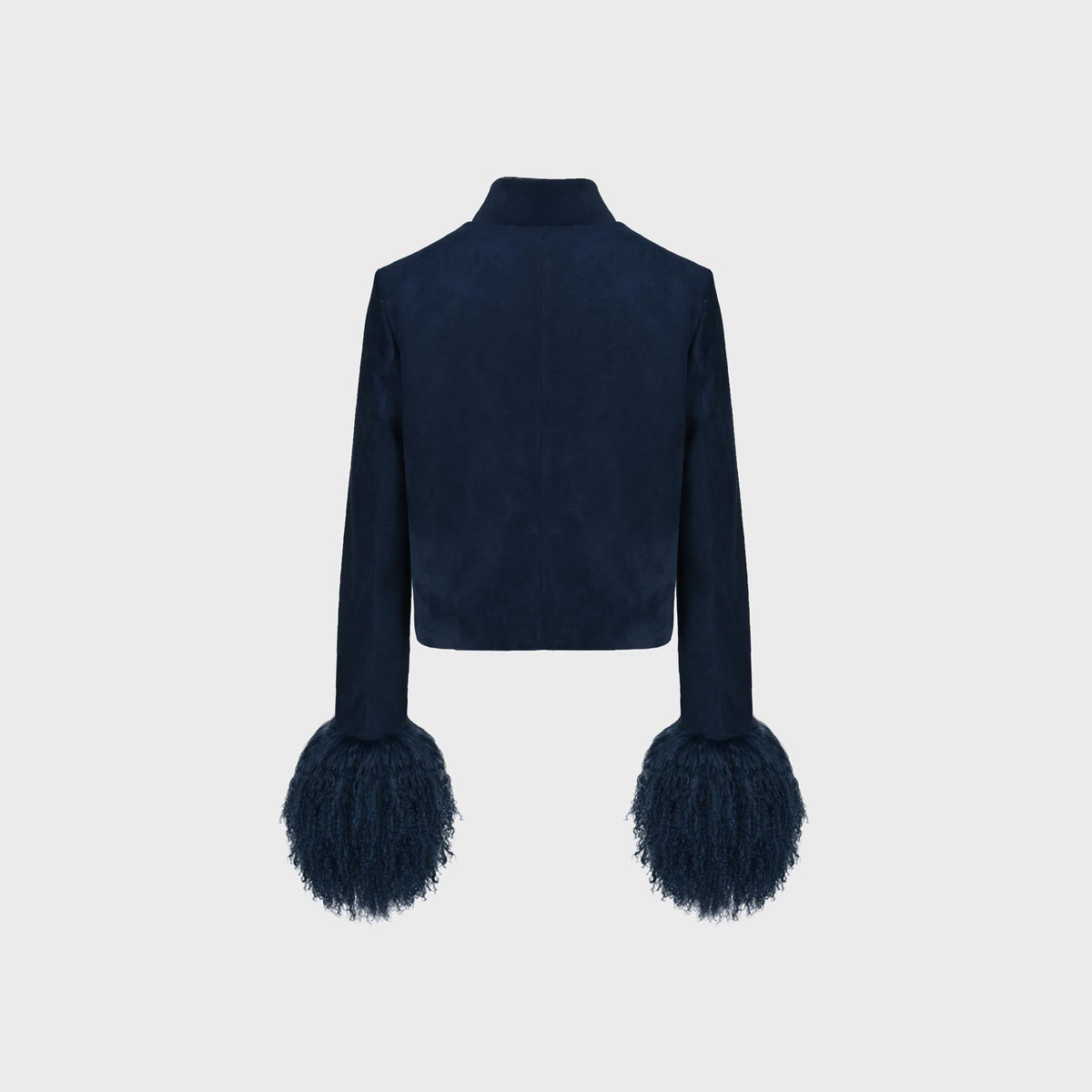 Susanna Chow Leighton suede jacket in navy, back view with mandarin collar and shearling trim cuffs