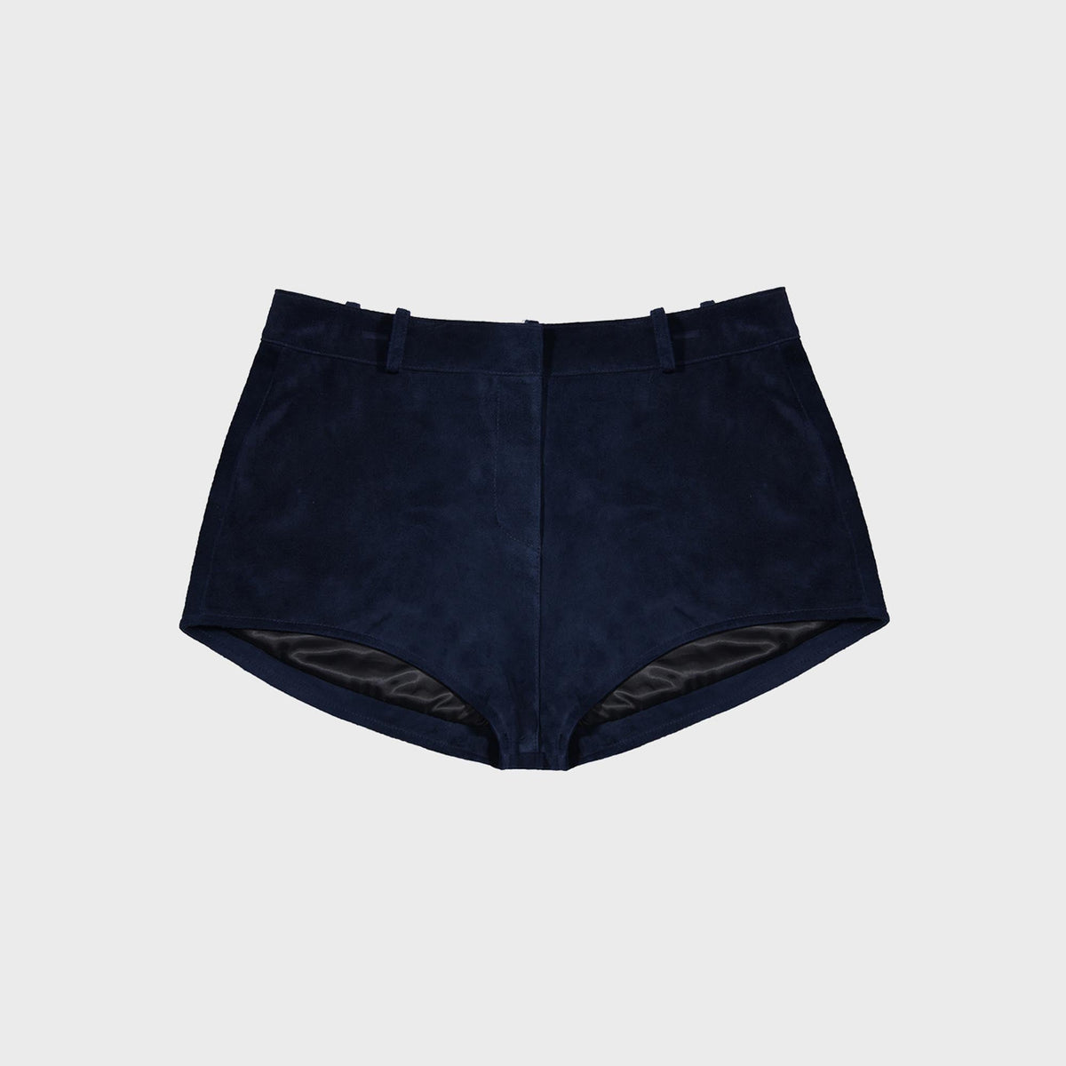 Susanna Chow Naomi suede short in navy blue, front view with belt loops, low rise and satin lining