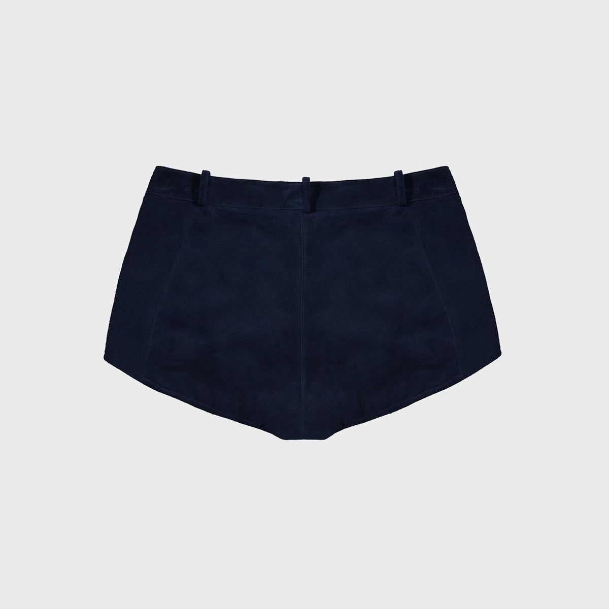 Susanna Chow Naomi suede short in navy blue, back view of navy suede with belt loops