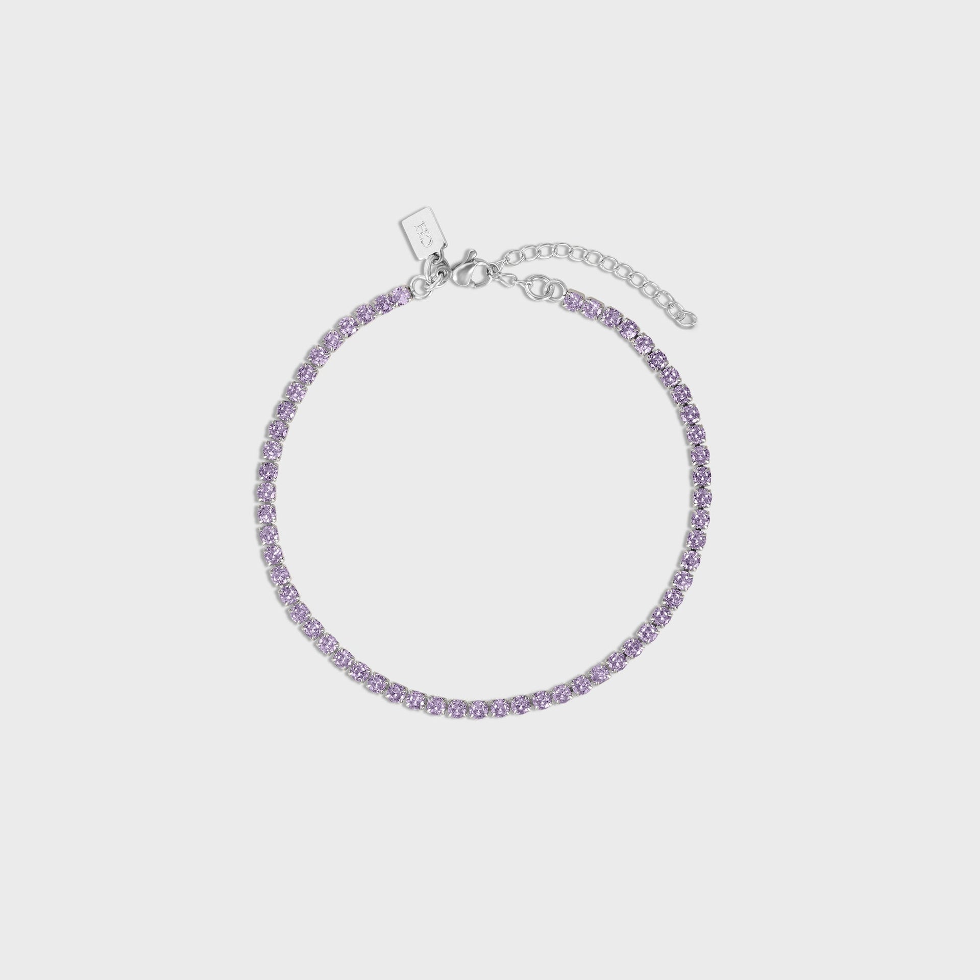 Crystal Haze Serena anklet, lavender crystal tennis chain in silver coiled flat with clasp and CH tag