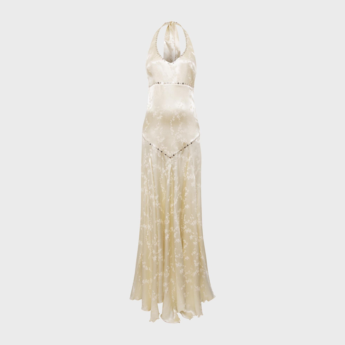 Siedres Raye Embellished Halter Neck Tie Designed Maxi Dress - Ecru