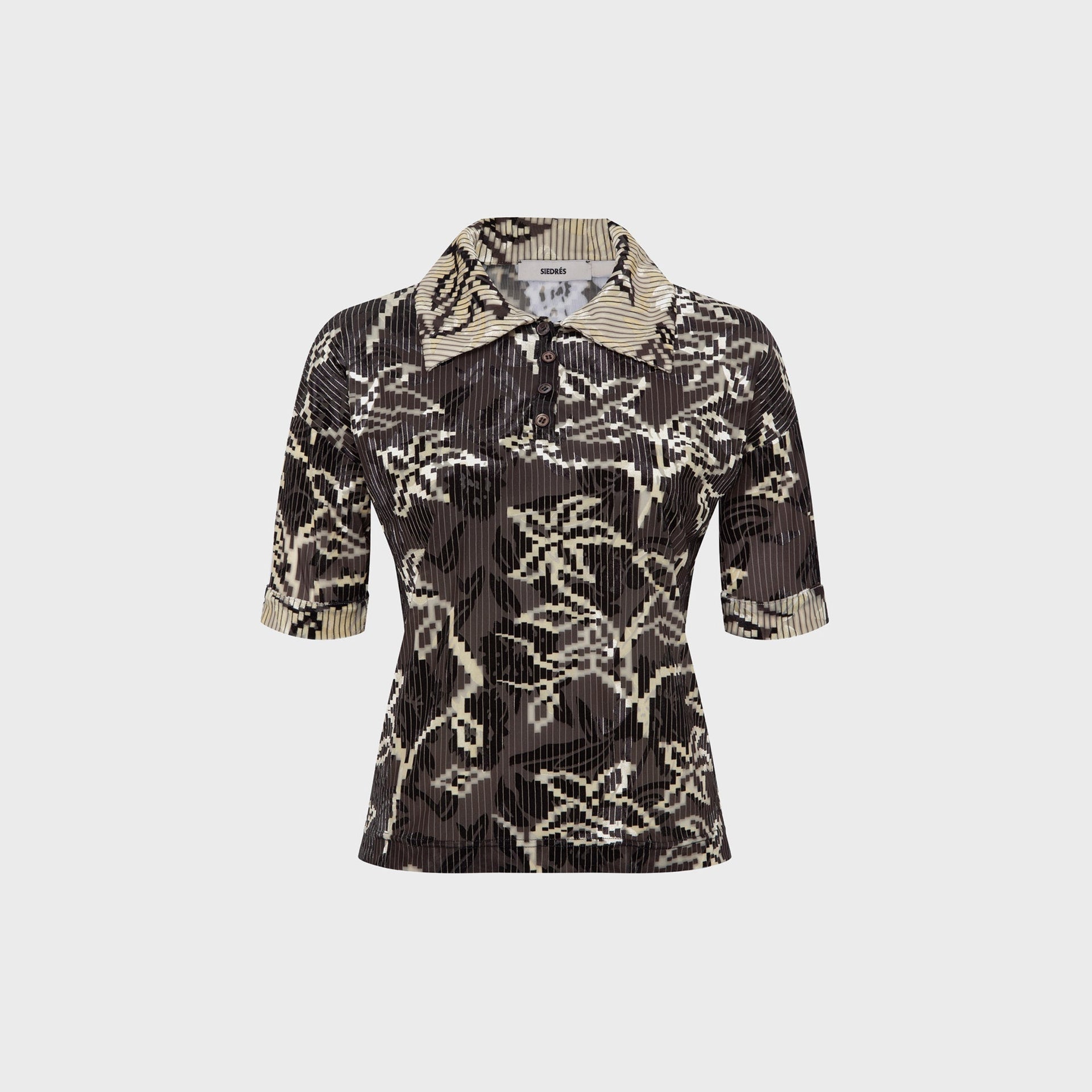 Siedres Lena Contrast Printed Velvet Short Sleeve Polo - Brown