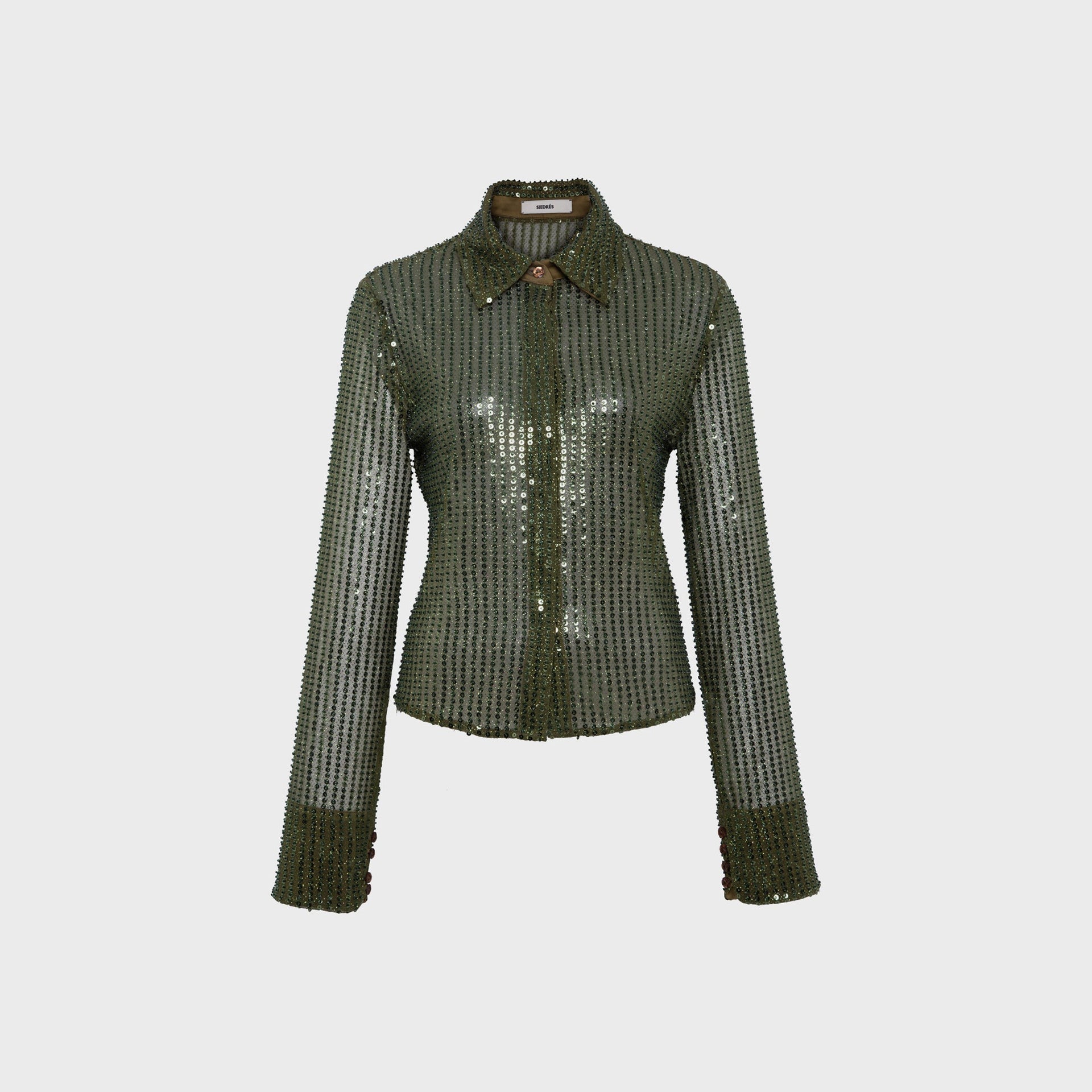 Siedres Sezanne Semi Sheer Sequin Button Down Shirt - Green