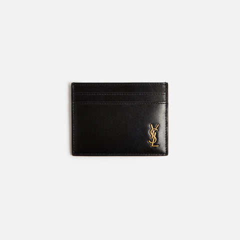 Shop SAINT LAURENT Brown Tiny Monogram Credit Card Wallet in
