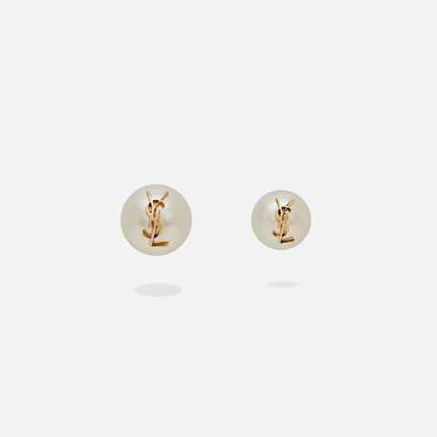 Saint Laurent Crystal Asymetric YSL Pearl Earrings - Creme