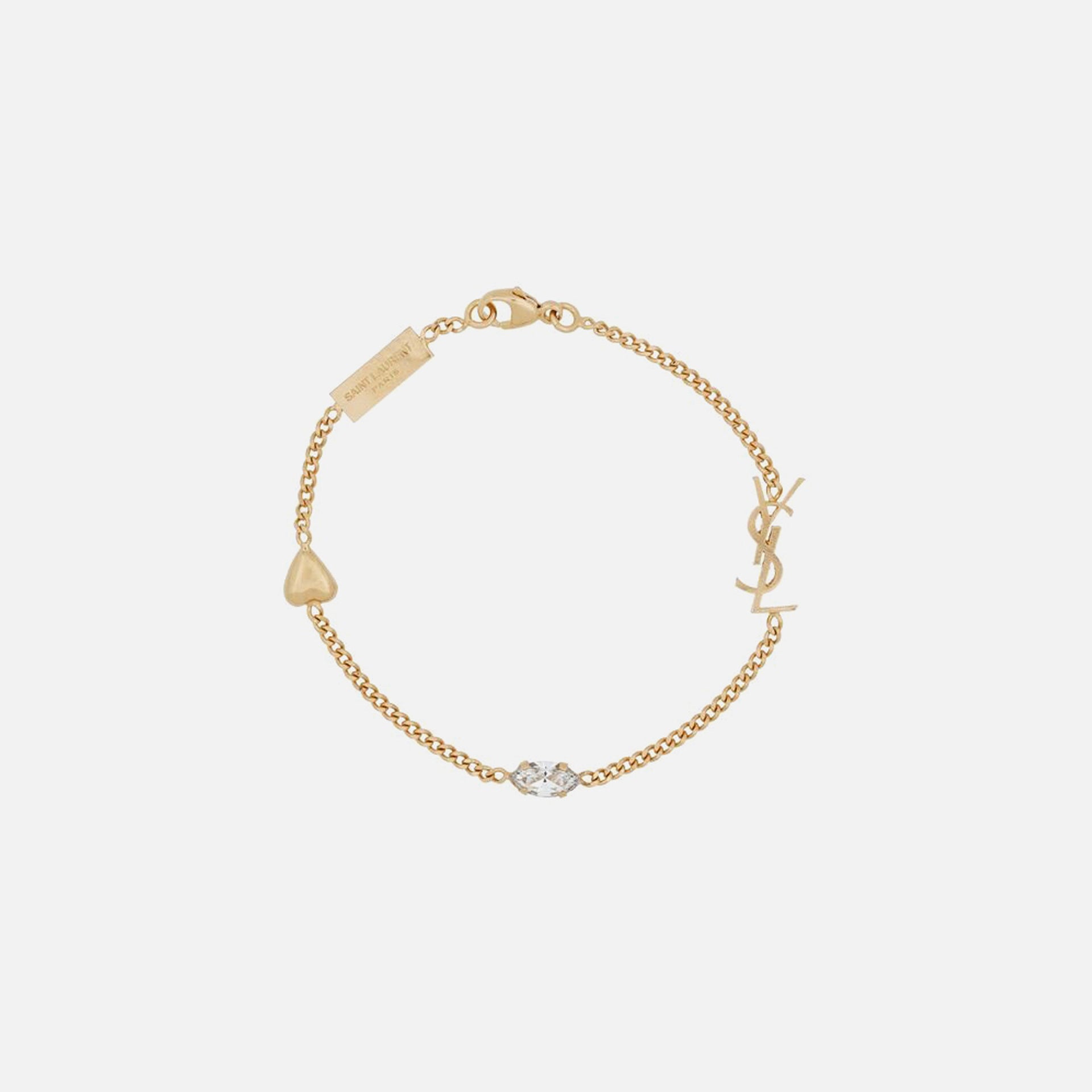 Saint Laurent Cassandre Monogramme Rhinestone and Heart Bracelet - Gold