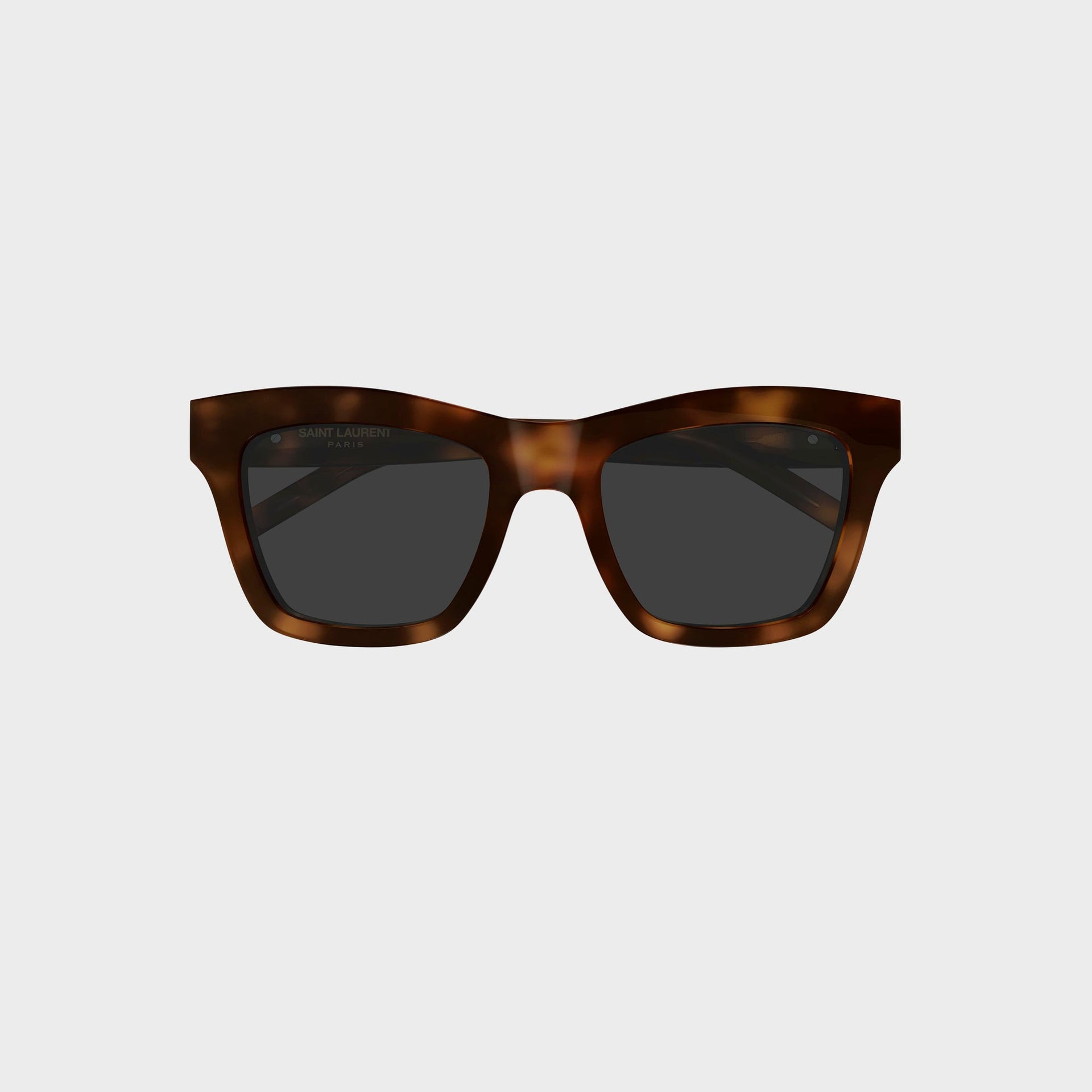 Saint Laurent SLM156 cat-eye sunglasses in Havana tortoiseshell, front view with grey lenses and logo print