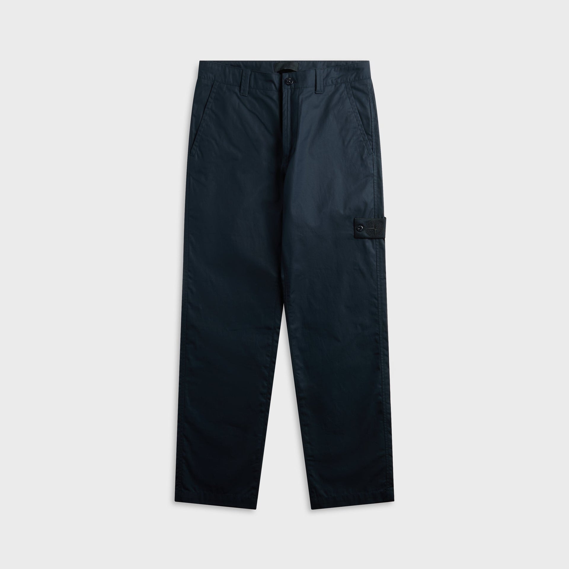 Stone Island regular-fit chino trouser in navy, front view with button fly and compass badge tab on thigh