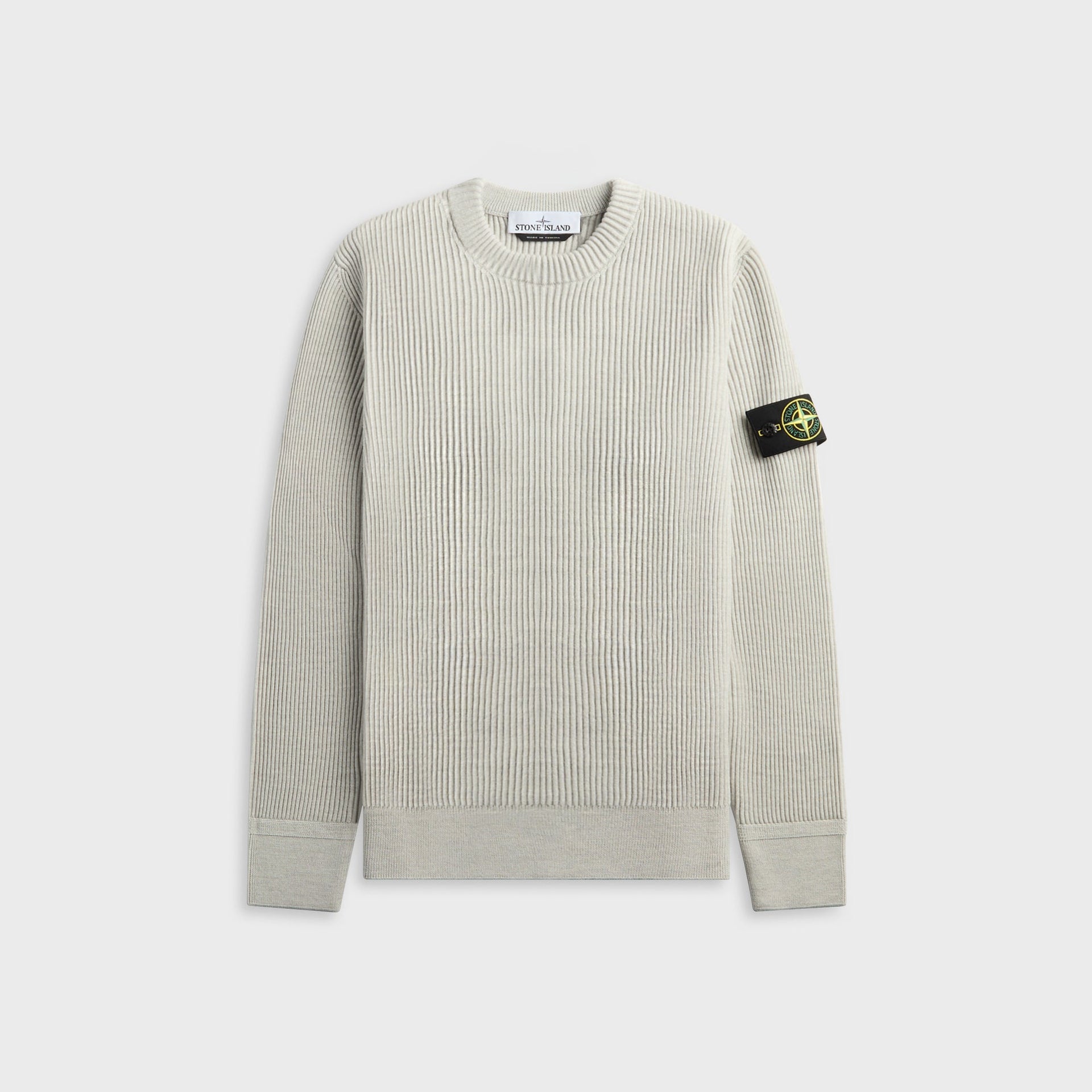 Stone Island full-rib RWS wool crewneck in sand melange, front view with compass sleeve badge