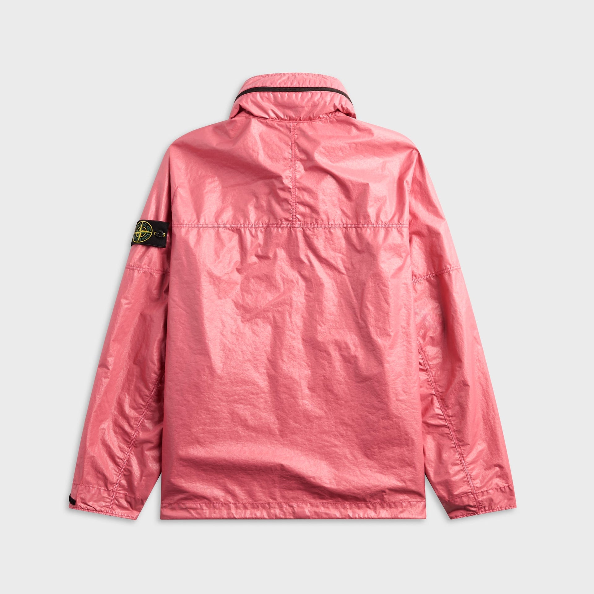 Geranium pink Stone Island metallic nylon jacket, back view with stowaway hood collar and sleeve badge