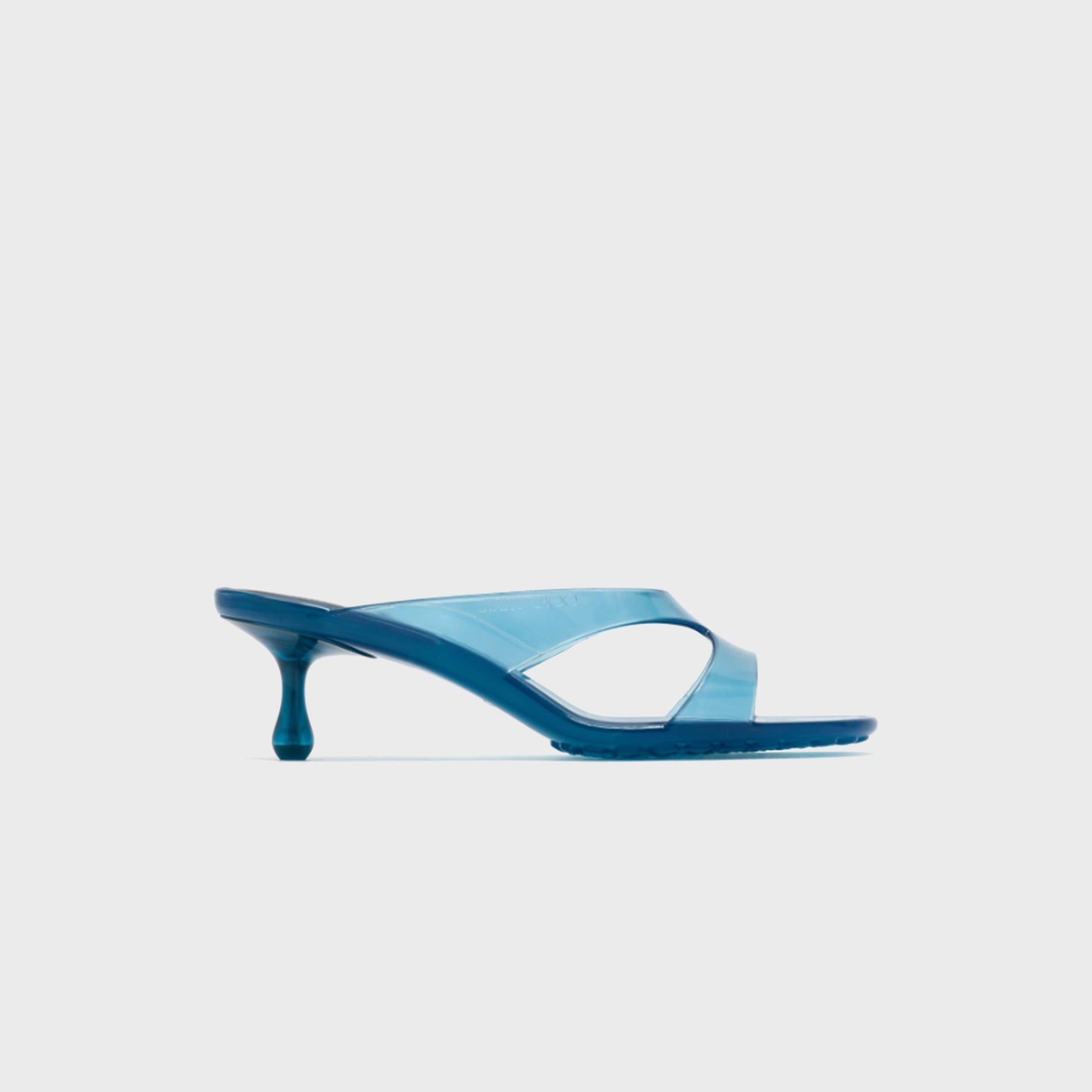 Jimmy Choo Jelly Drop 50 mule sandal in translucent light lagoon blue jelly with kitten heel, lateral view