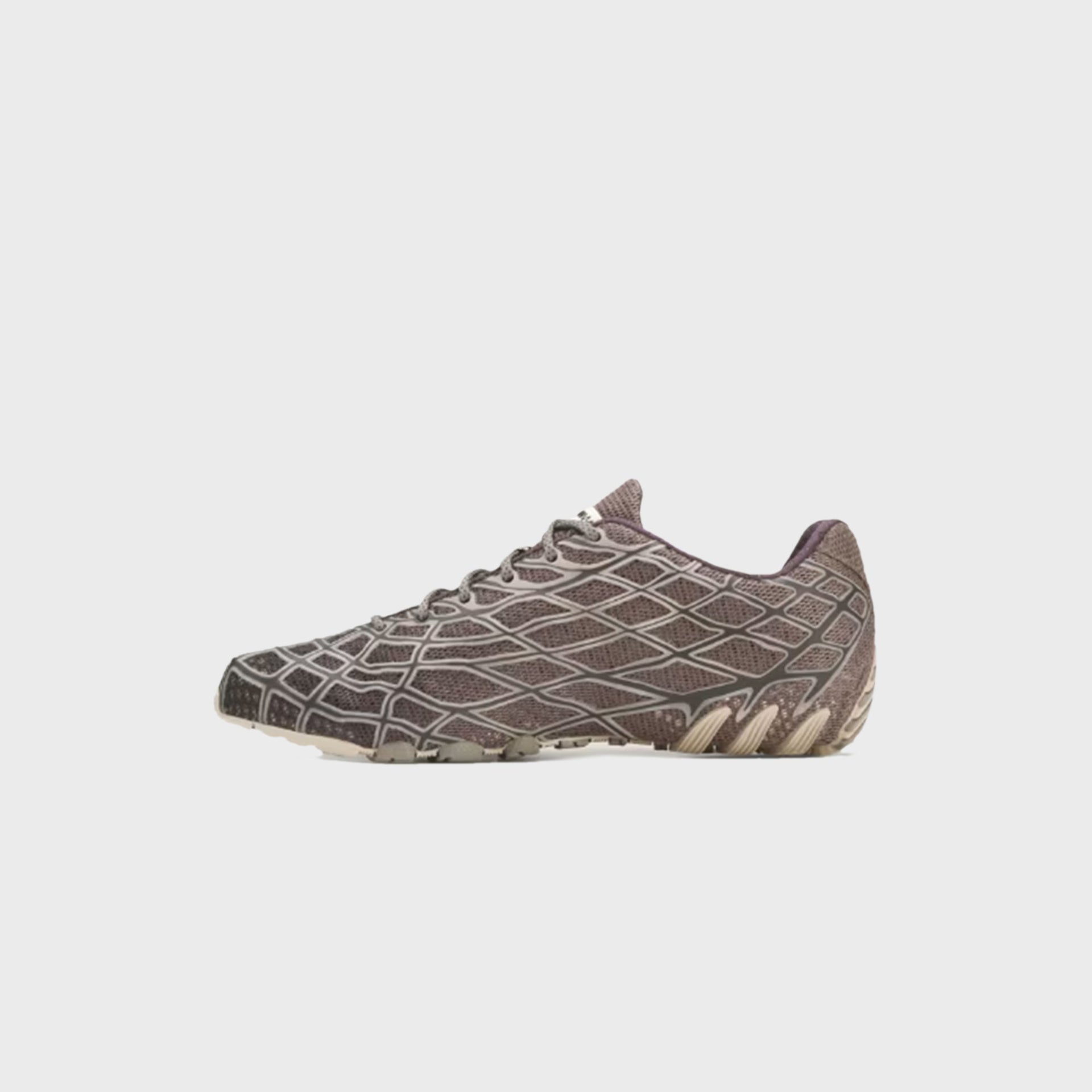 adidas x Bad Bunny F50 Ghost Sprint sneaker, medial side view showing diamond mesh upper and plum interior lining