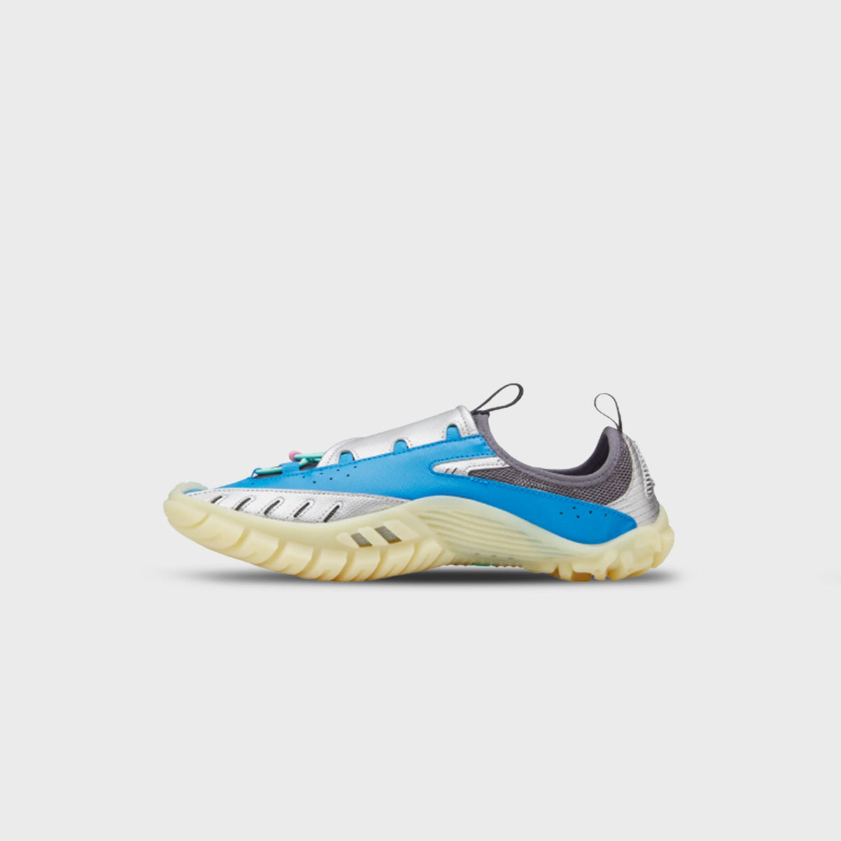 adidas x Pharrell Williams Water Moc, opposite side profile showing grey mesh heel collar and silver adidas branding strap