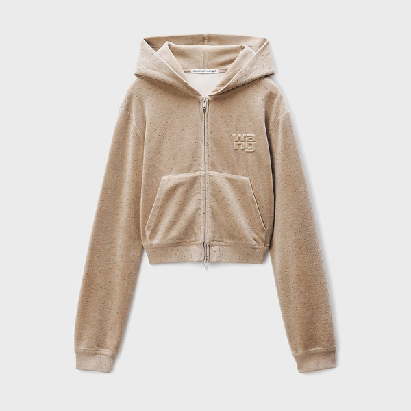 シュガーグロストップス Alexander Wang Shrunken Zip Up Hotfix Hoodie - Taupe – Kith