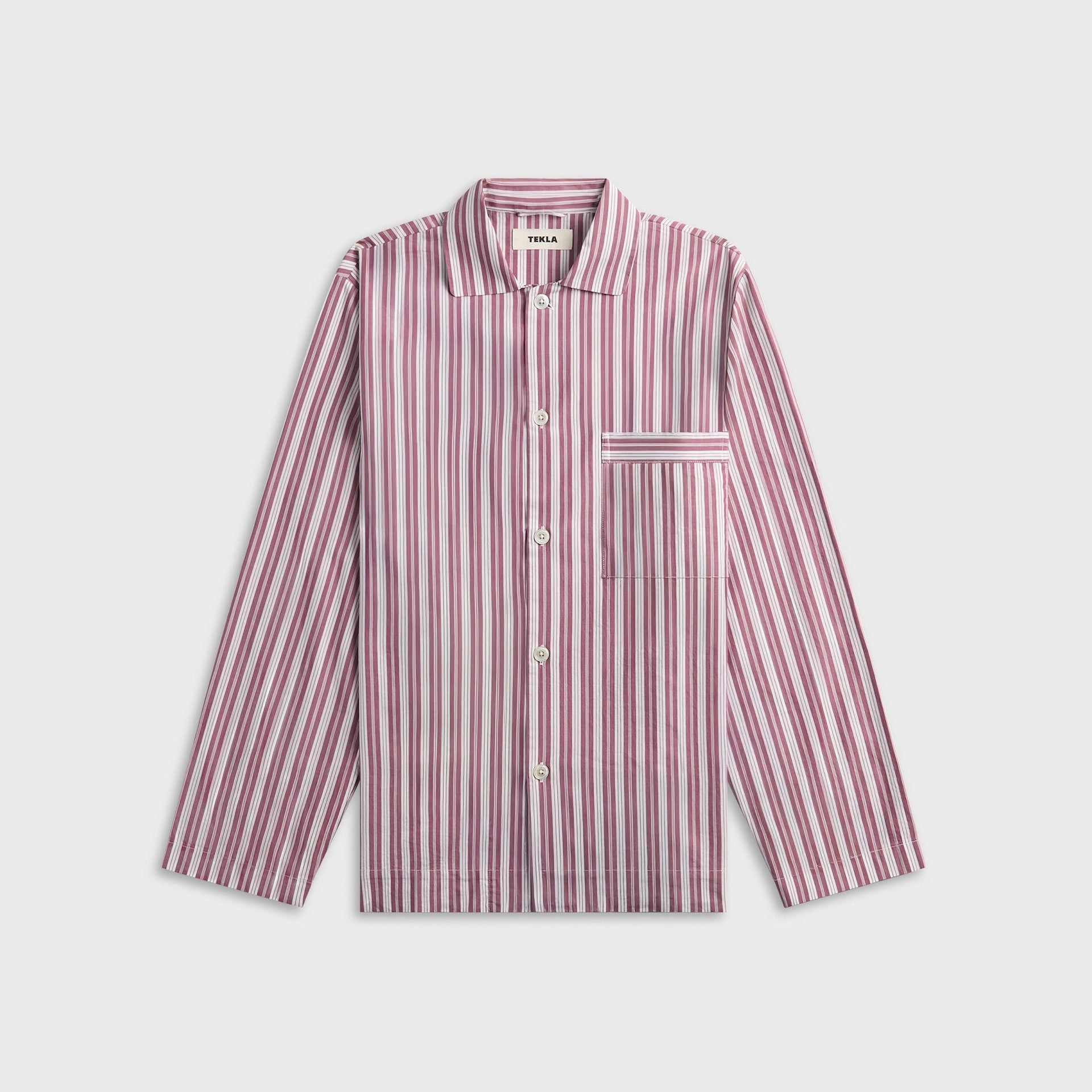 Tekla Poplin Long-Sleeved Pyjama Shirt - Pink / White