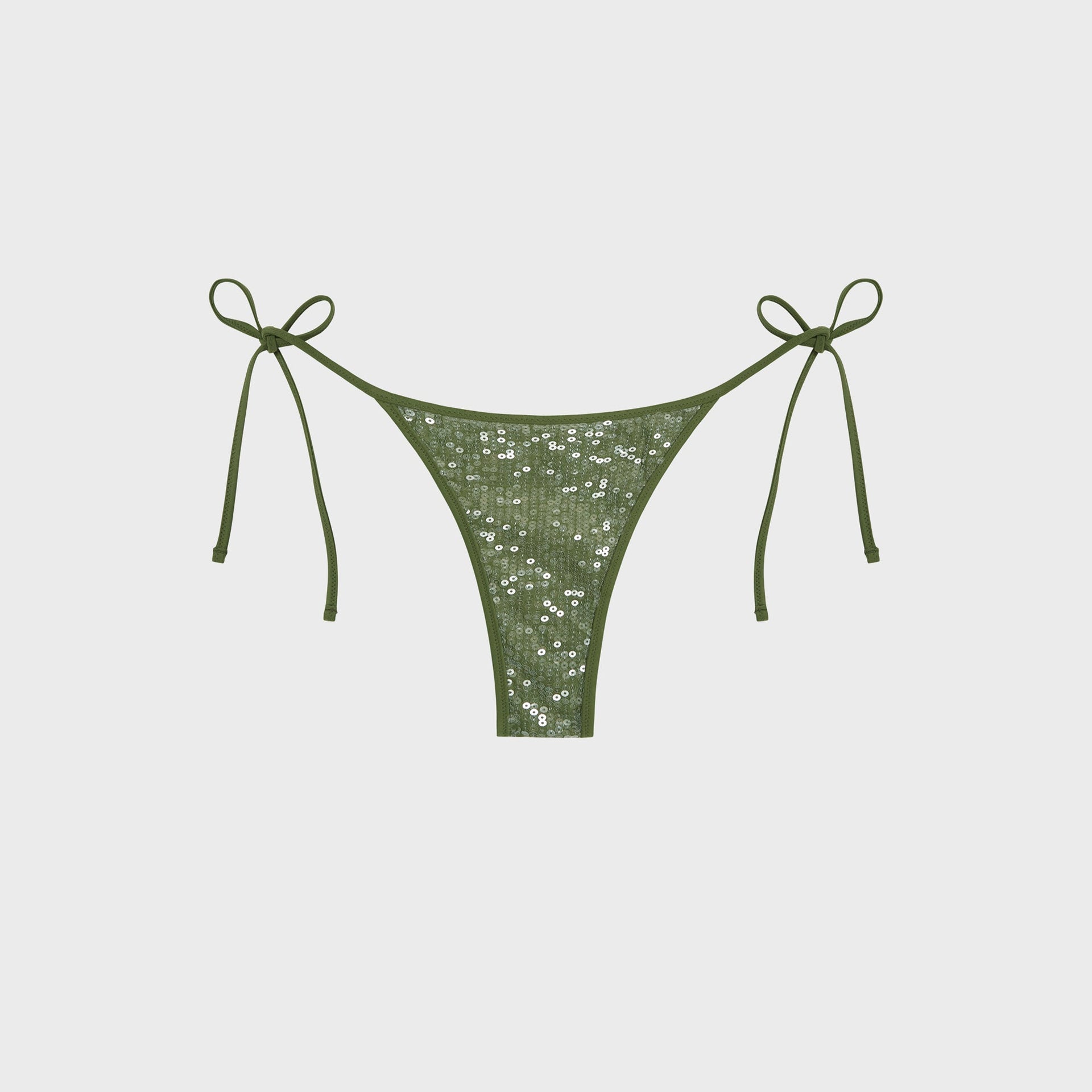 Tropic of C Sequin Praia Bikini Bottom in fern green, sequined tie-side bottoms with bow knots, flat-lay front view