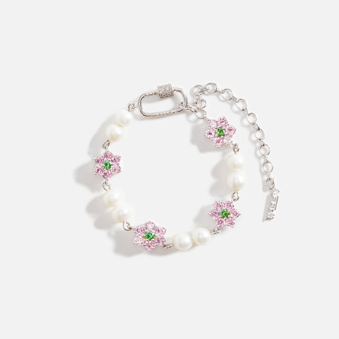 VEERT Macro Flower Stone Freshwater Pearl Bracelet - Pink / Green / White