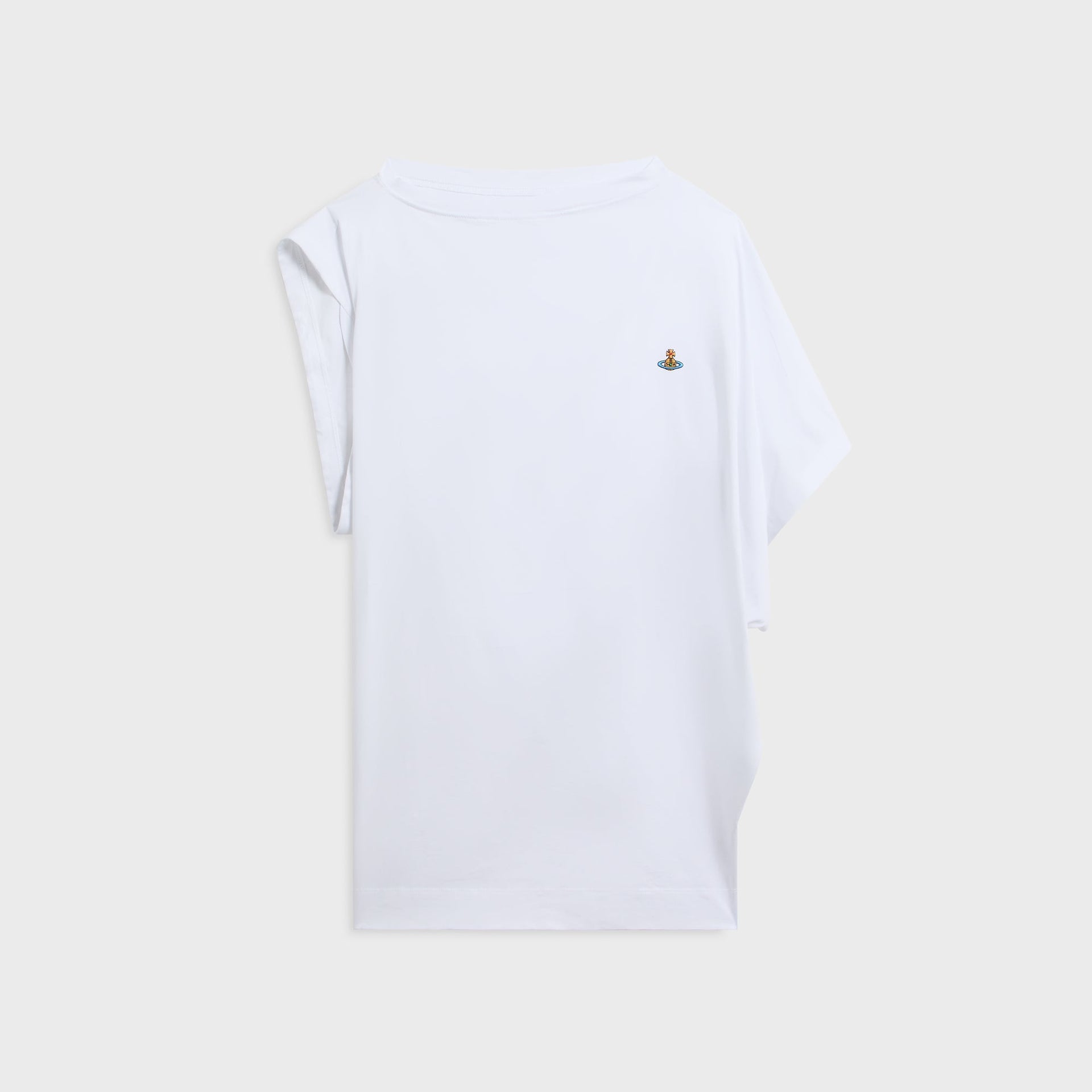 Vivienne Westwood Oversized Hebo Top in white cotton, front flat-lay with embroidered orb logo and draped sleeve