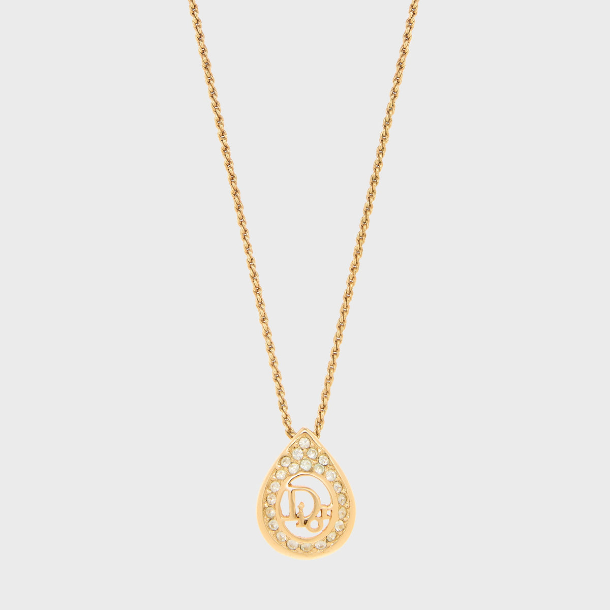 WGACA Christian Dior Logo Rhinestone Teardrop Pendant Necklace - Gold