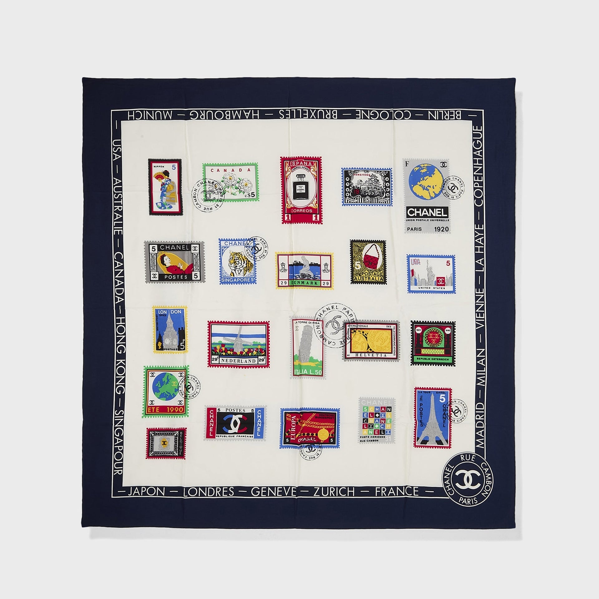 WGACA Chanel Stamps of The World Silk Scarf - Multi