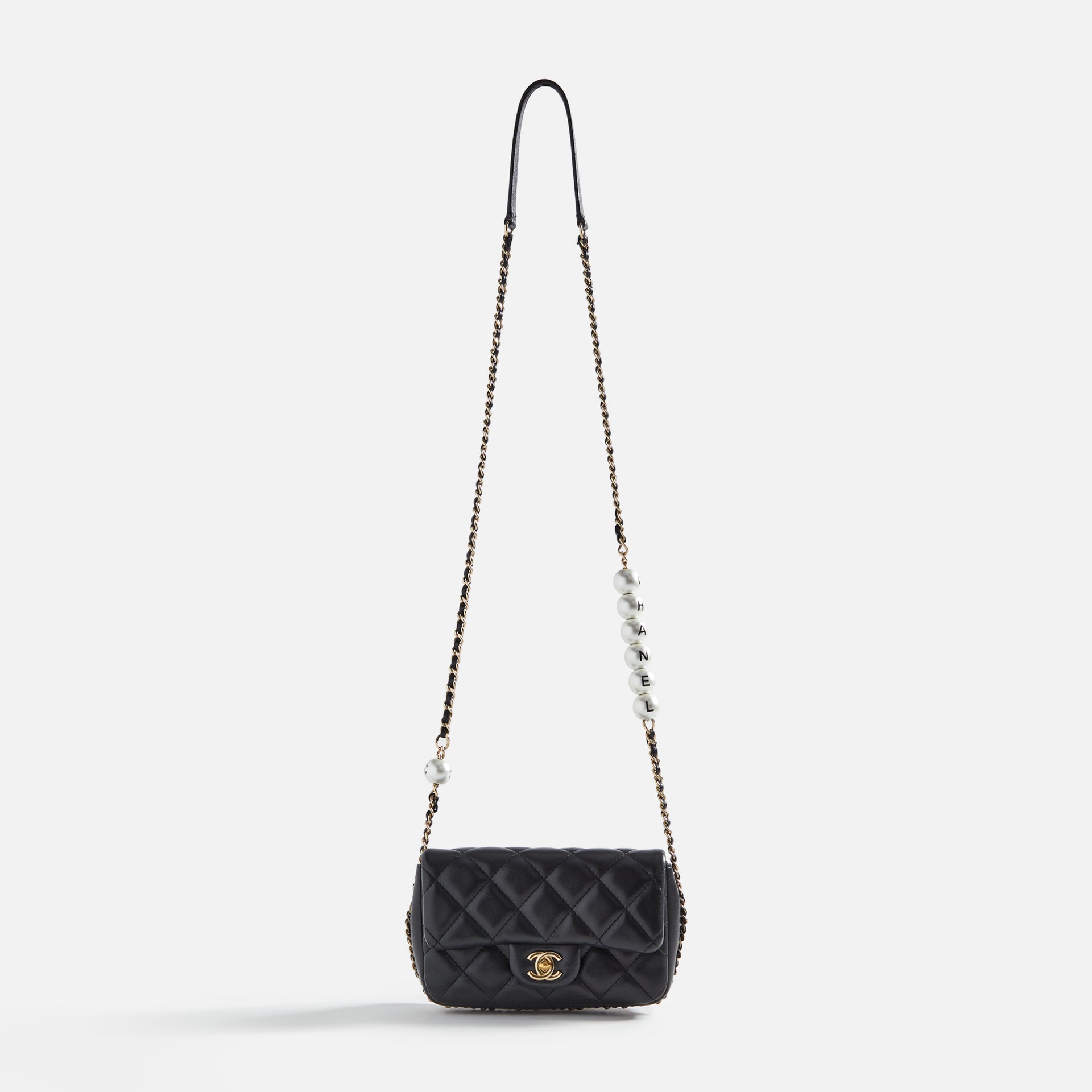 WGACA Chanel Lambskin Pearl Logo Flap Bag - Black