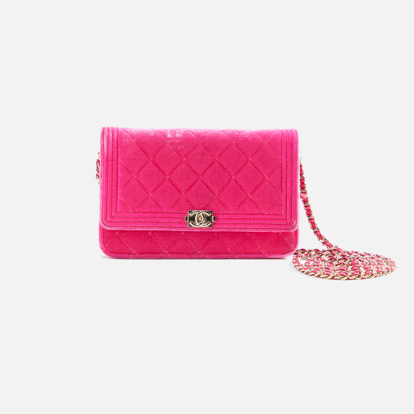 CHANEL Lambskin Quilted Boy Wallet On Chain WOC Pink 609823