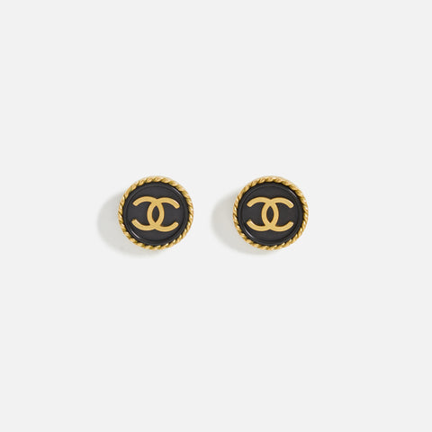 WGACA Chanel Black Rope Edge CC Earrings - Gold / Black