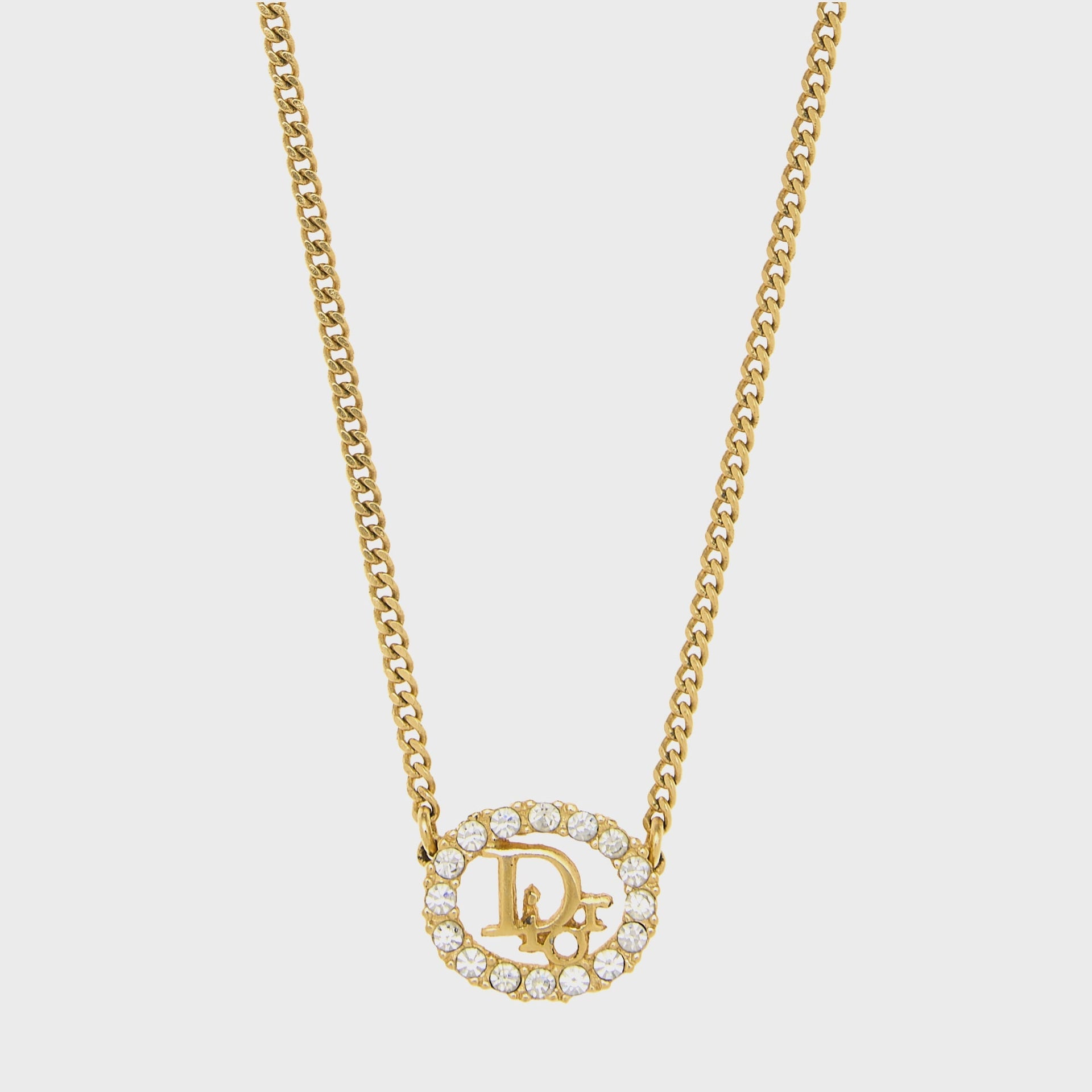 WGACA Dior Gold Crystal Round Oval Logo Necklace - Gold